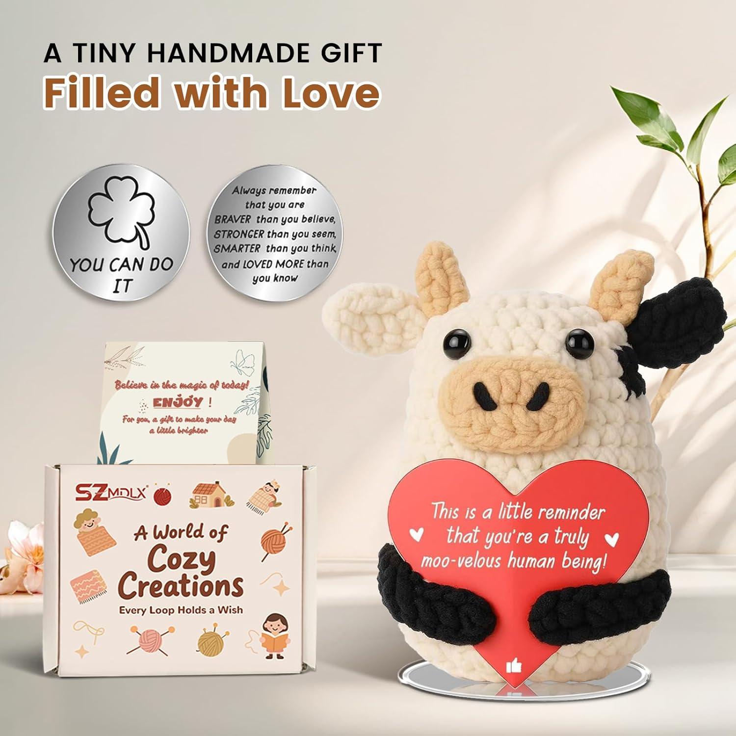 SZMDLX Positive Crochet Animals, Pocket Hug Positive Cow with Inspirational Cards in Gift Box, Emotional Support Good Luck Gifts for Women, Lucky Charm for Birthdays, Office & Home Desk Decor image number 1