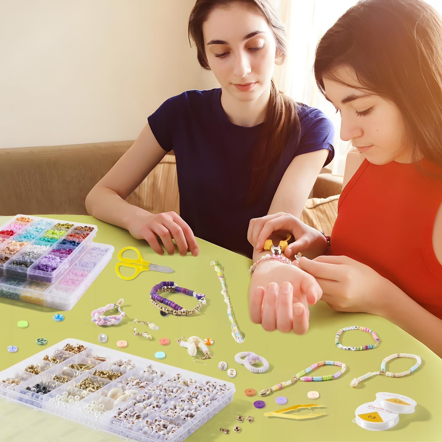 INSCRAFT 11000 Pcs Clay Beads for Bracelet Making Kit, 48 Colors Flat round Polymer Clay Beads, Friendship Bracelet Kit Heishi Beads for DIY Jewelry Making, Crafts for Girls Teen Ages 6-12 - 48 Colors image number 4