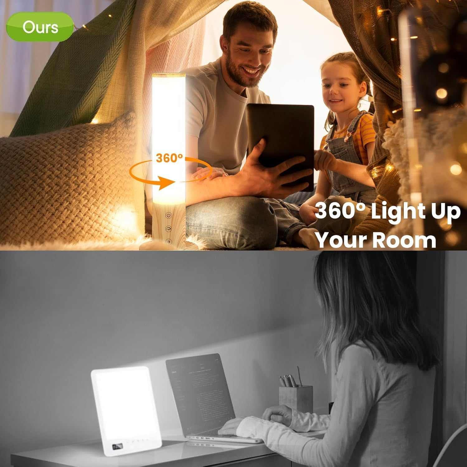 360&deg; SAD Lamp, Uv-Free 10000 LUX Light Therapy Lamp with 3 Color Temperatures & 5 Brightness Levels, Plug-In Design, Touch Control & Wood-Grain Base Sunlight Lamp for Seasonal Affective, Home & Office image number 4