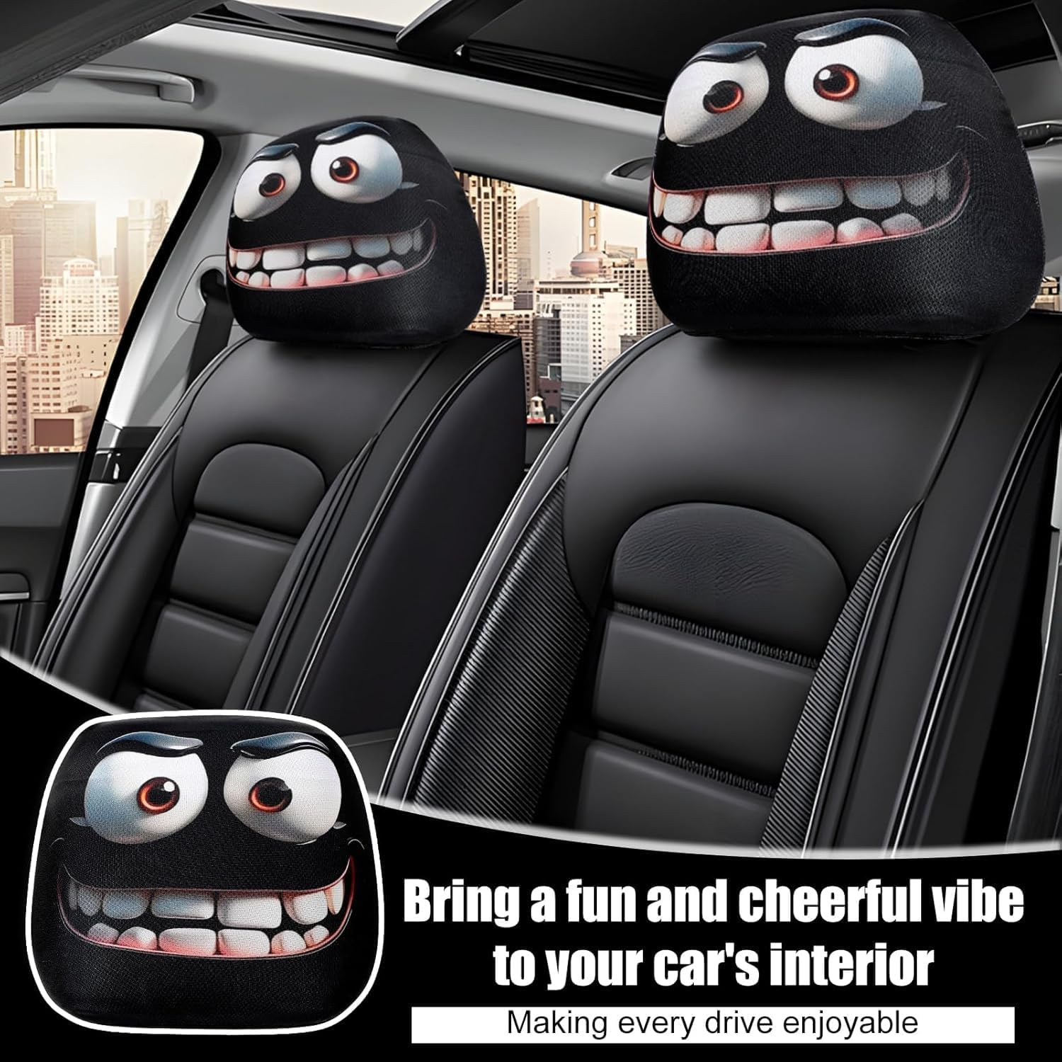4PCS Funny Cartoon Car Headrest Covers, Cute Funny Cartoon Eyes Car Headrest Covers, Car Seat Head Rest Protector for Auto Front Seat Rest Decoration, Universal Interior Car Accessories