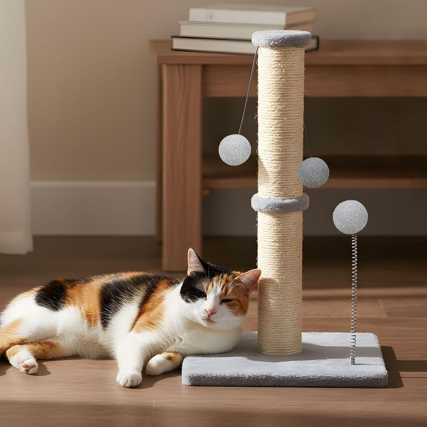 Pawz Cat Scratching Post, Cat Scratcher for Indoor Cats, Cats Scratch Post with Natural Sisal Rope, Spring Ball Toys and Stable Heavy Base, Cat Activity Play Center, Durable Furniture Protector image number 4