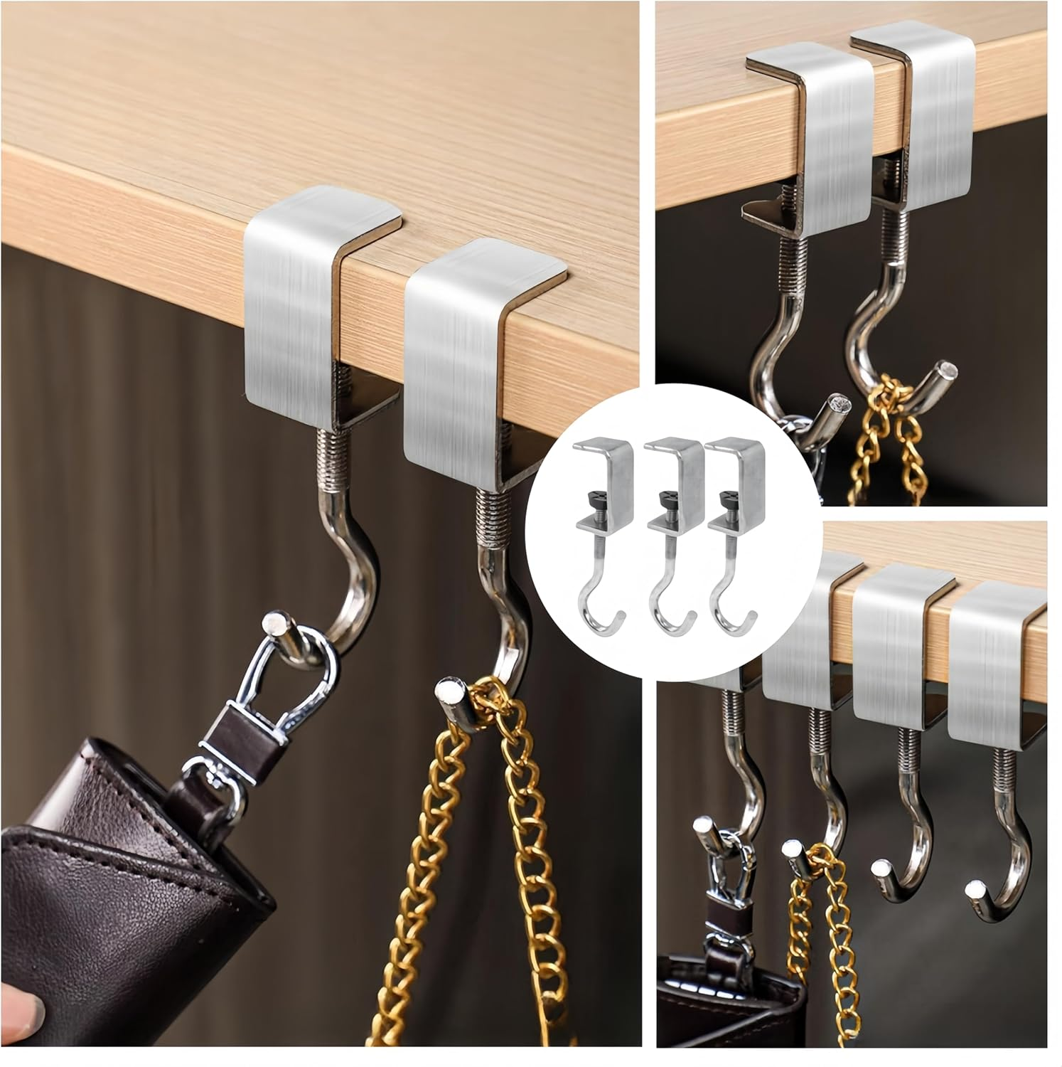 Ai-Oumleef Desk Mount Bag Holder Hook,8 Pcs Desk Mount Hook and Schoolbag Holder Hook Clamps,Clamp-On under Desk Hooks,For Table Desk Closet Door Cabinets image number 2