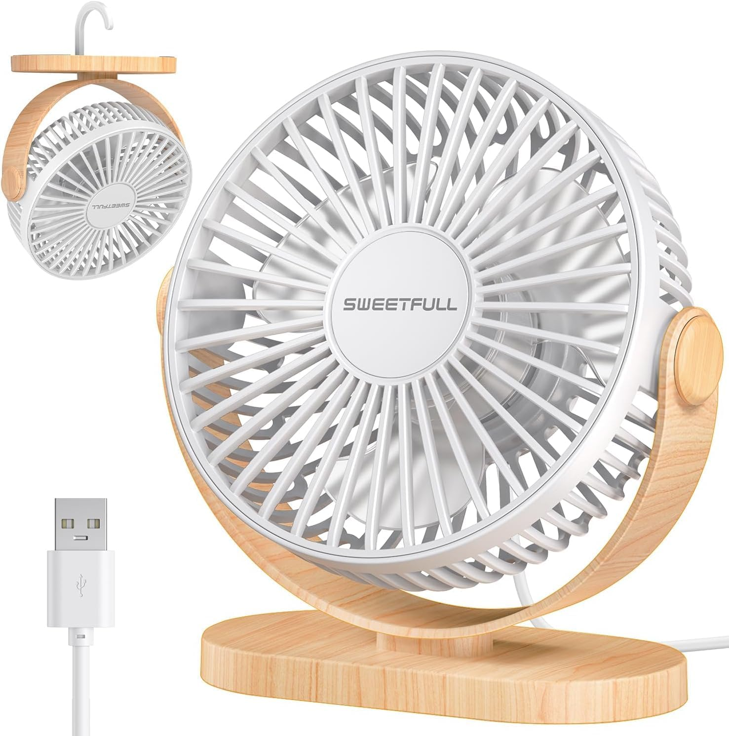SWEETFULL Desk Fan, Small USB Fan Quiet, 3 Speed Portable Table Fan, 360&deg; Adjustable Personal Desktop Fan with Wood-Pattern for Bedroom Office, Summer Gifts for Friends and Family, Black