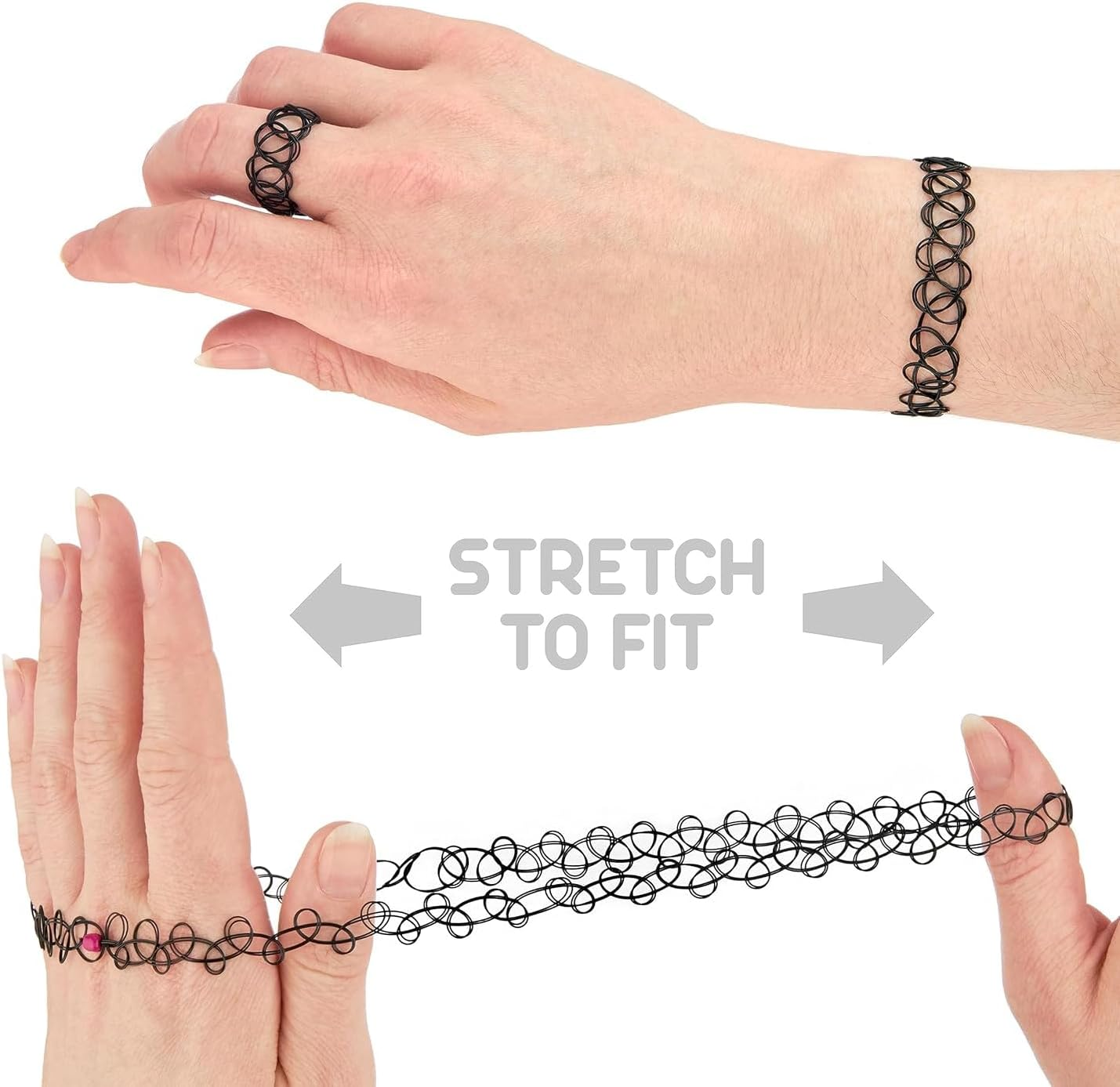 Weforu 3Pc Assorted Tattoo Choker Necklace Set - 90S Accessories Old School Jewelry Gothick Black Stretchy Collar Bracelet & Ring Set, One Size for Women Teen Girl Party Accessories