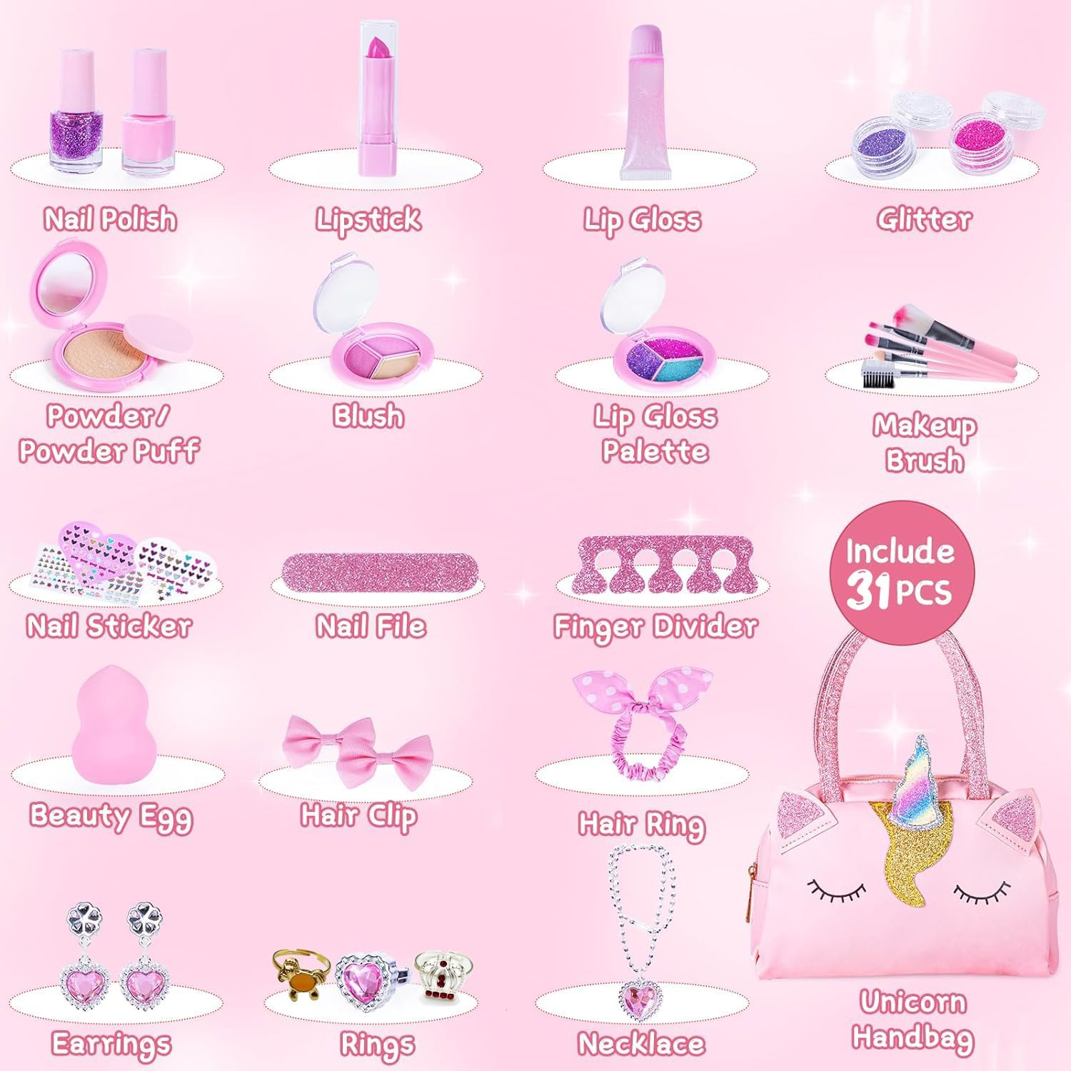 Kids Real Makeup Kit for Little Girls with Unicorn Purse - Non Toxic, Washable Make up Toy - Kids Pretend Play Set Vanity Birthday Gift for Ages 3 4 5 6 7 8 9 10 12 Years Old (Pink Soft Unicorn Bag) image number 6