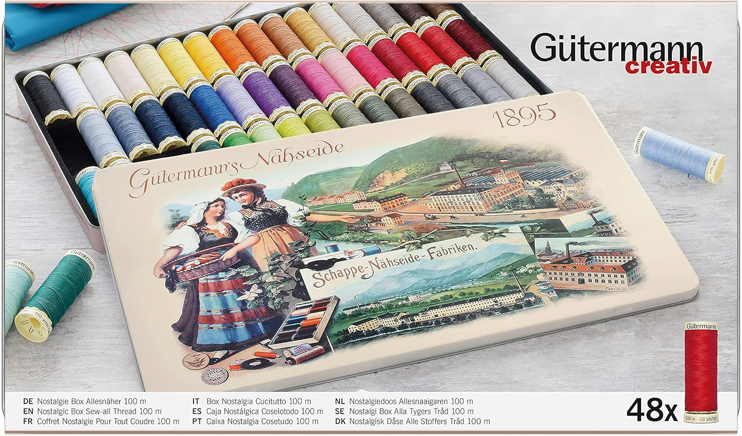 Gutermann Vintage Tin Thread Set 100M Basic Colours X 48 Reels, Multicoloured, One Size image number 5