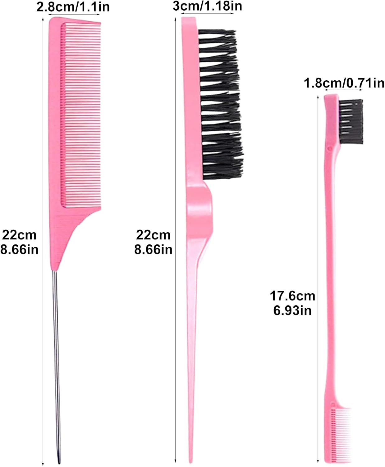 3 Pcs Slick Back Hair Brush Set, Curly Hair with Edge Brush, Bristle Hairs Brush, Rat Tail Comb for Edge and Back Brushing, Combing Slicking Hairs for Women(Color:Pink) image number 2
