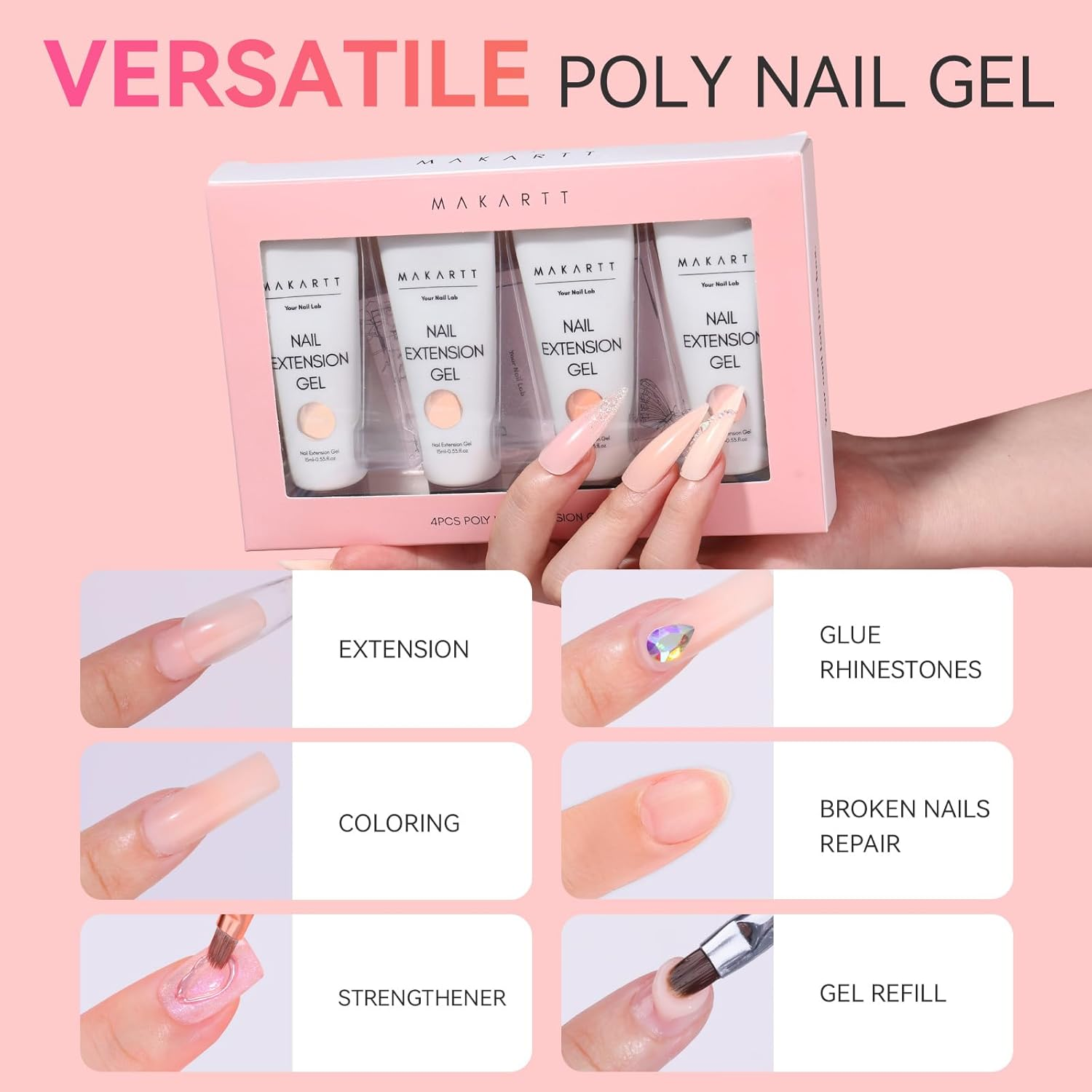 Makartt Poly Nail Gel Set: 4 Nude Pink 15ML, Strong Builder for Extension Strengthener, Long Lasting, Neutral Classic Colors French Manicure Kit Salon Supplies at Home image number 3
