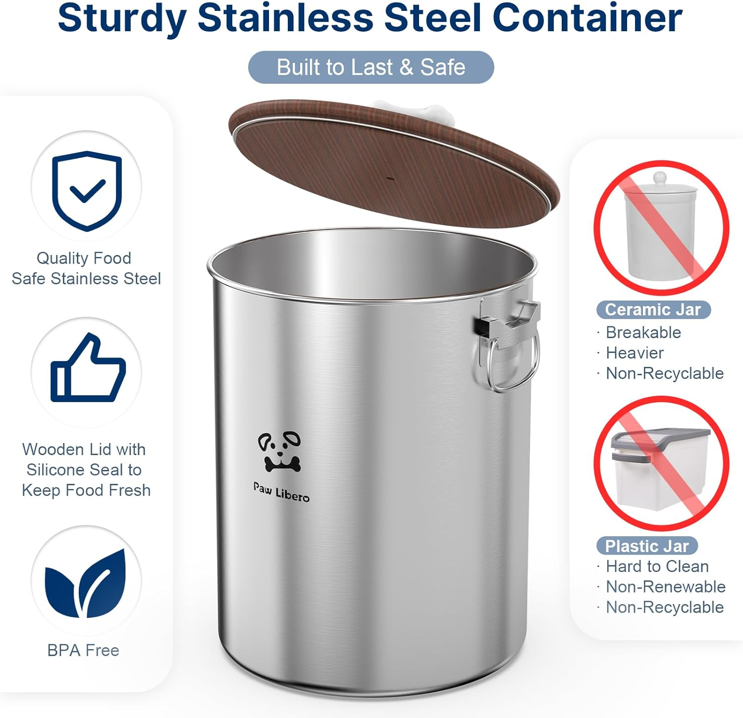 2PK 25 Lbs Total 50 Lbs Stainless Steel Dog Food Storage Container with Airtight Wooden Lid & Ceramic Bone Handle, Large Metal Dog Food Bin for Dogs & Cats, Keep Fresh, Easy to Clean image number 2