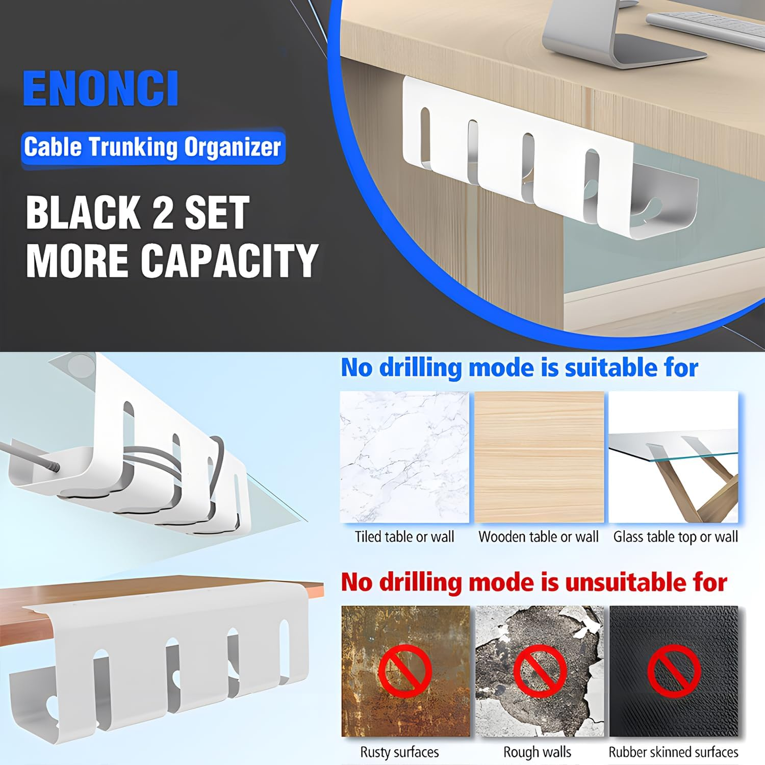 AIMANWEI 2 Pack under Desk Cable Management Tray, Self-Adhesive & Screw-In Installation, White, 40Cm L X 11Cm W X 12Cm H, Wire Management Rack for Home Office Standing Desk