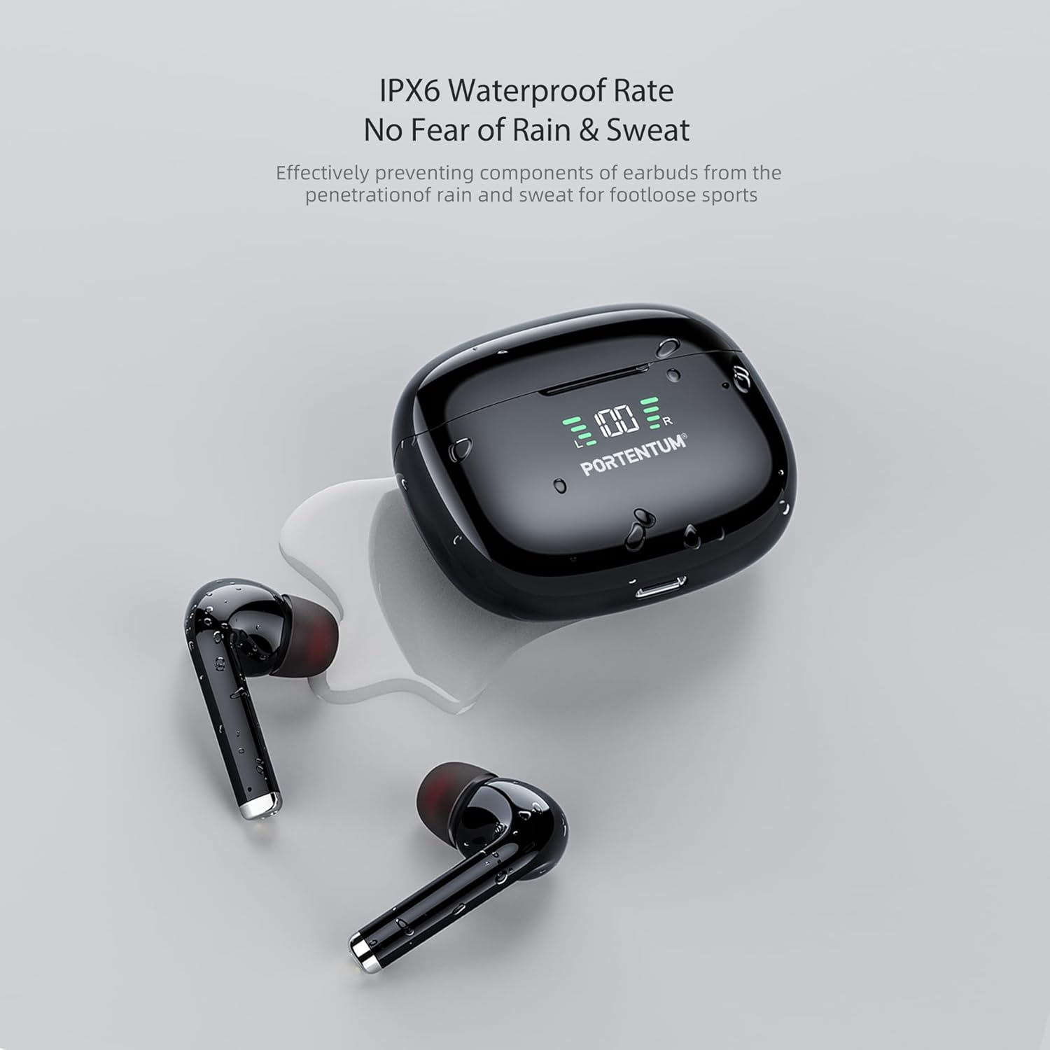 PORTENTUM Wireless Bluetooth 6.0 Headphones - Hybrid ANC + ENC Noise Cancelling - Battery Life 60H - In-Ear Touch Control IPX6 Waterproof - LED Indicator - Hifi Bass 10 Mm - Comfortable Fit - USB-C image number 3