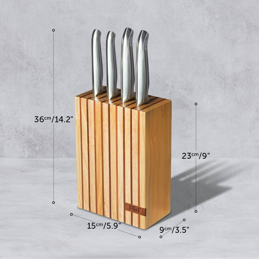 Furi Pro Wooden Knife Block Set 5 Pc, Rubberwood and Teak Knife Block with Four Premium Knives for a Superior Cutting Performance, Stainless Steel Blades, Ergonomic Reverse-Wedge, Anti-Fatigue Handle image number 1