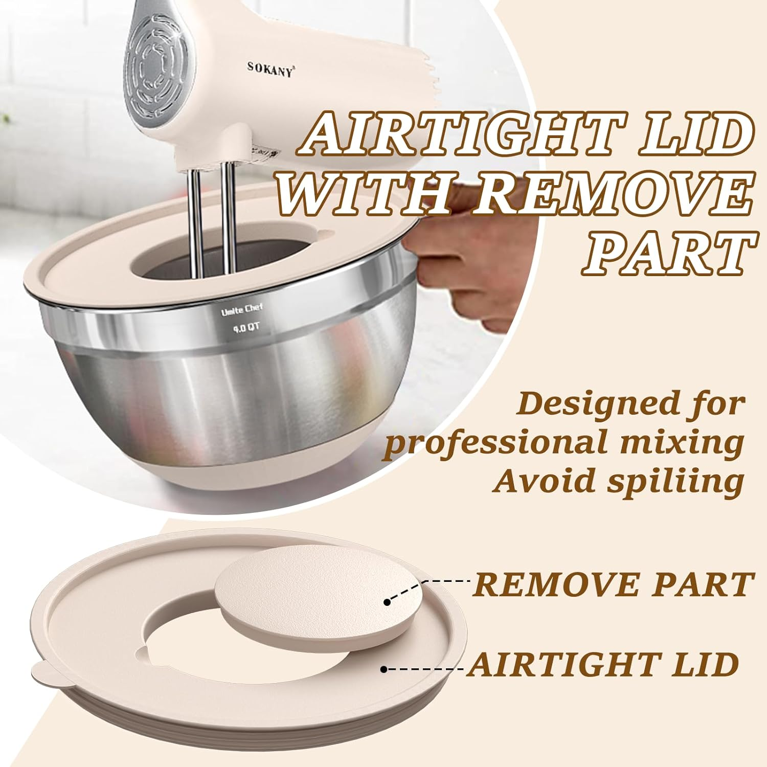 Umite Chef Mixing Bowls with Airtight Lids Set, 8PCS Stainless Steel Khaki Nesting Bowls with Grater Attachments, Kitchen Bowls with Non-Slip Bottoms, Size 5, 4, 3.5, 2, 1.5QT for Mixing & Serving image number 2