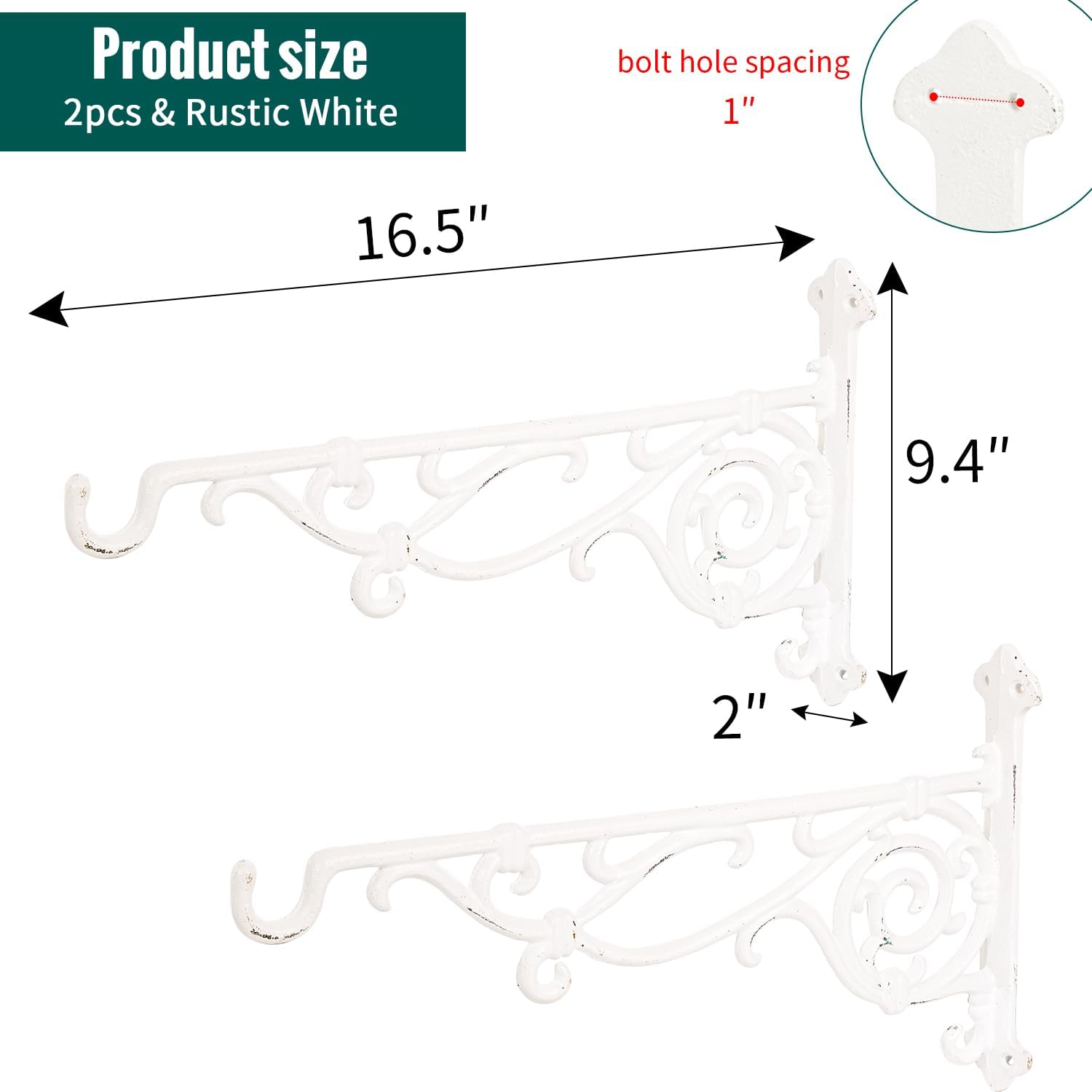 Sungmor Cast Iron Hanging Plant Bracket, 16.5" Large Outdoor Wall Plant Hangers, 2Pcs White Heavy Duty Hanging Basket Hooks, Decorative Hooks for Flower Pot, Lantern, Wind Chime, Hummingbird Feeder image number 3