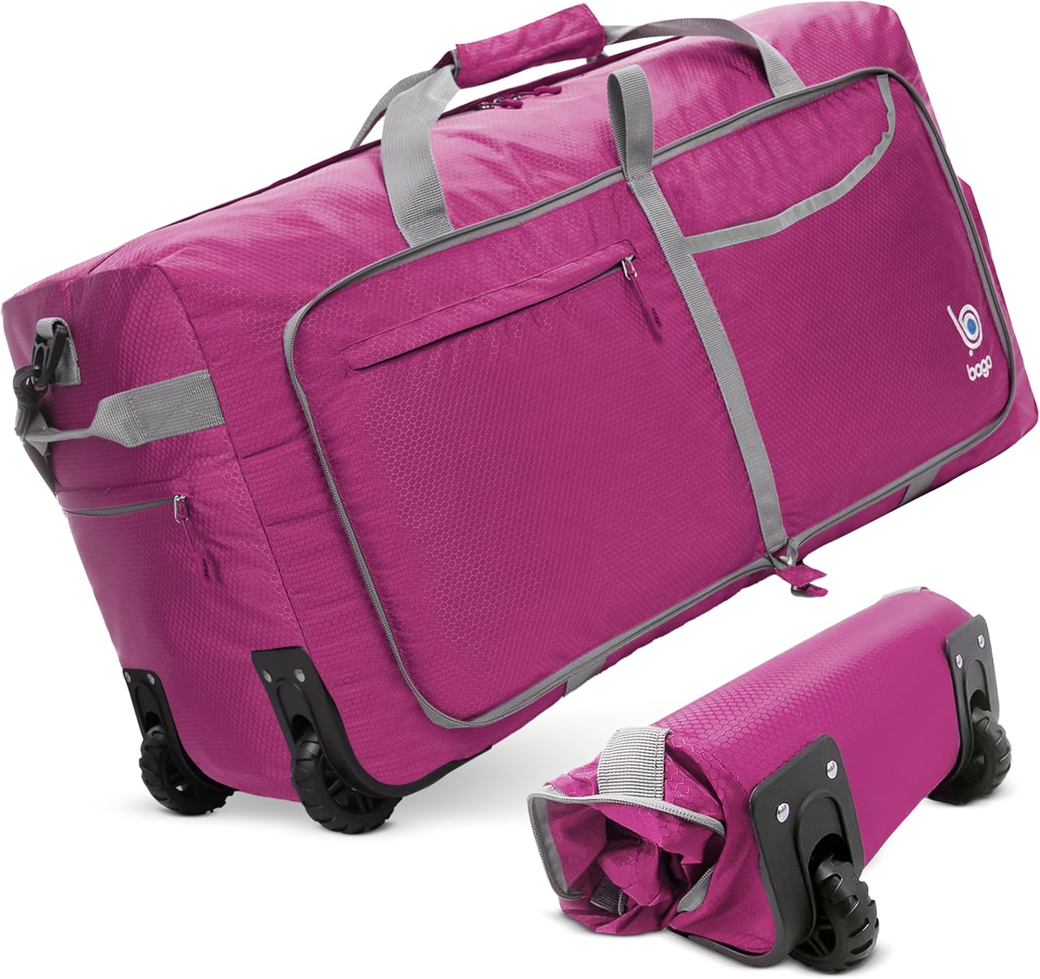 Bago Foldable Duffle Bag with Wheels - 80L 100L 120L 140L Folding Bag, Waterproof Travel Duffel Bag, Heavy Duty Weight-Saving Duffle Bag for Travel, Carry-On Duffel Bag with Wheels, Pink, 80L