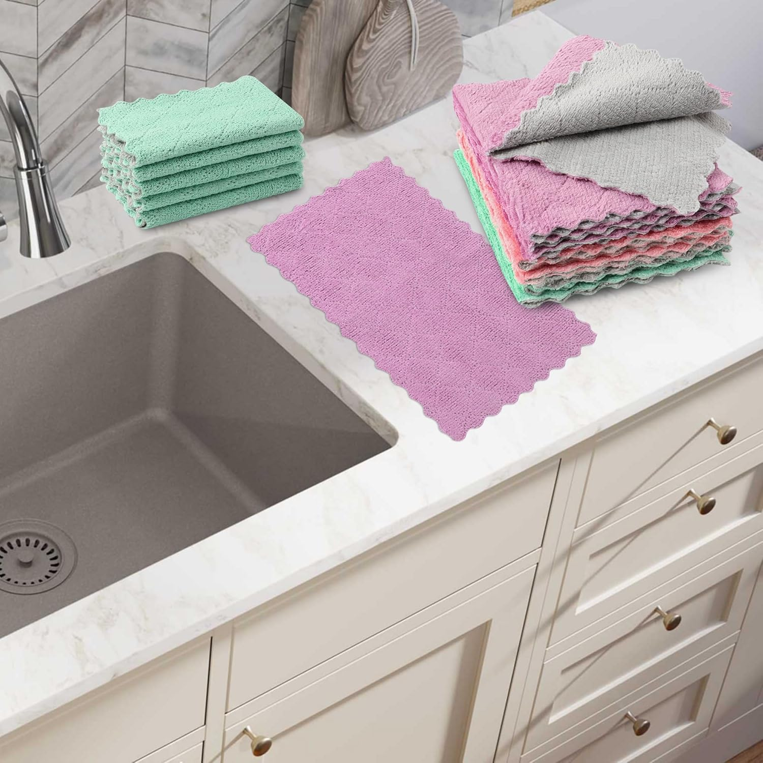 TECDW 10-Pack Kitchen Dish Cloths,Ultra-Soft Super Absorbent Lint-Free Cleaning Towels,Oil-Resistant Coral Velvet Dish Cloth for Washing Dishes,Wiping Countertops (16&times;27Cm/6.3&times;10.6Inch,Pink) image number 3