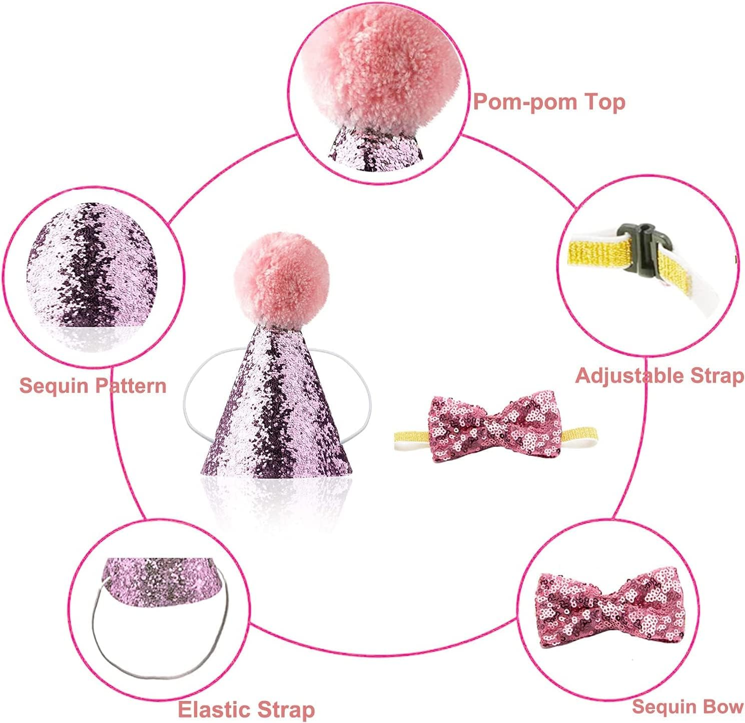 Dog Adjustable Birthday Hat with Bowtie Collar Wool Pompon Cute Pet Costume Paillette Cap Bandana for Dog Cat (Pink) image number 4