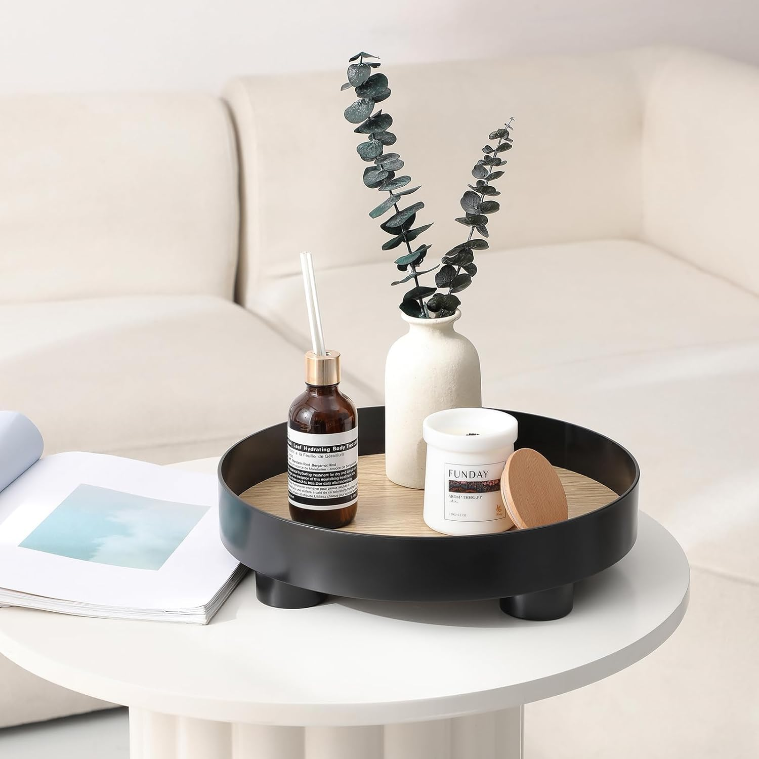 Modern Home Decor round Serving Tray, Black Coffee Table Organizer, 30CM Decorative Display Tray for Bathroom, Kitchen, Dining Table, Dresser image number 1