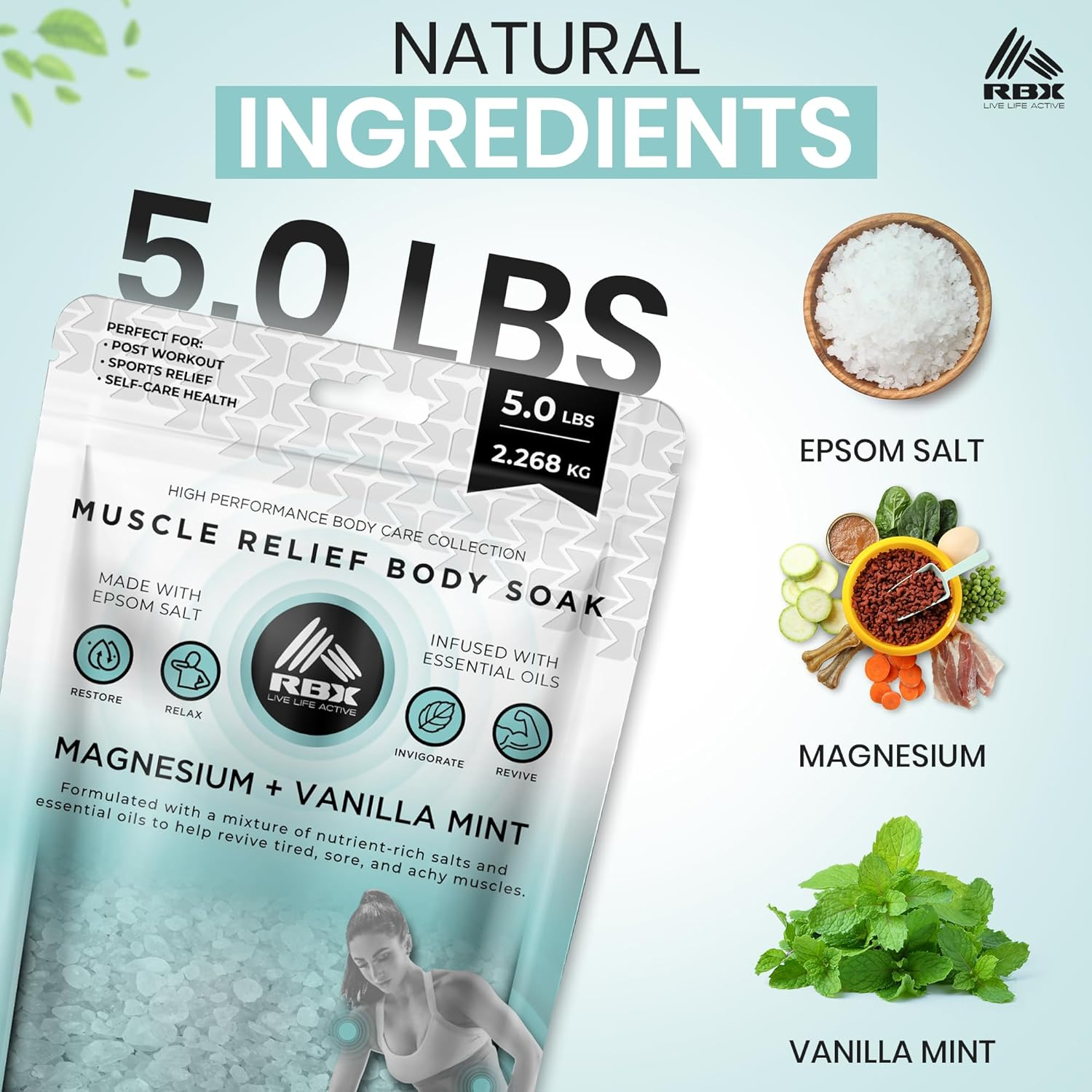 RBX Muscle Relief Epsom Salt Bath Soak &ndash; Magnesium Flakes & Bath Salts for Soothing Sore Muscles, Pain Relief, Foot Detox Soak &ndash; Vanilla Mint Scent &ndash; 5 Lb Bag image number 1