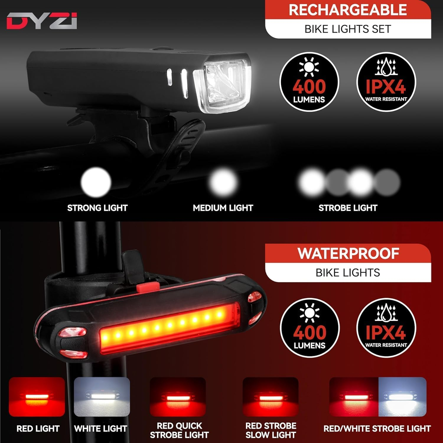 Bike Lights - USB Rechargeable Ultra Bright Front & Back Bike Light Sets - 4 Light Modes with Daylight Sensor - Easy to Fit and Mount LED Bicycle Lights image number 5