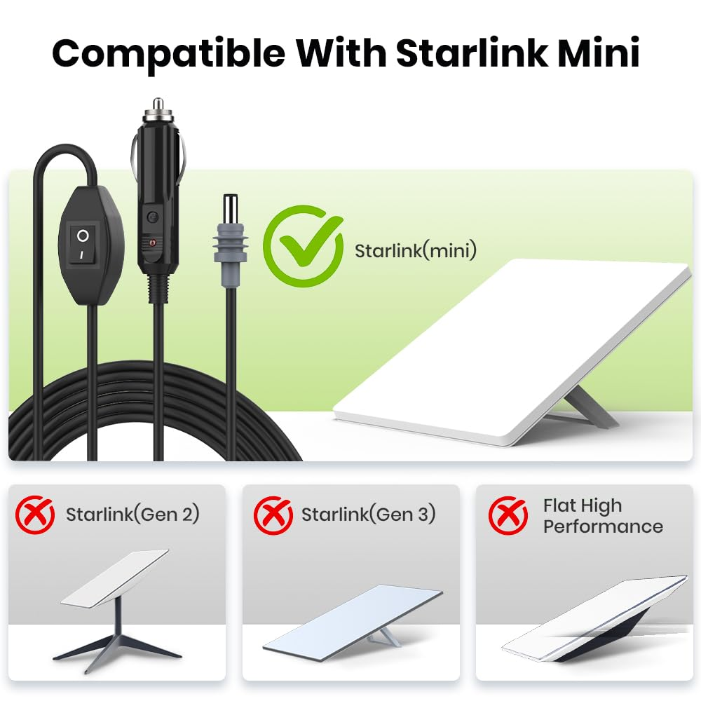 Starlink Mini Car Charger,3M/10Ft Starlink Mini Power Cable Direct to Cigarette 12V-24V Adapter with Switch,Dc Male to Cigarette Lighter Plug and Play (CB7)