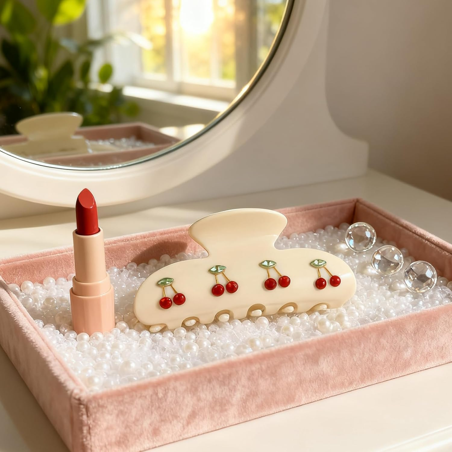 Set of 2 Hair Clips for Women, Hair Clip with Cherry, Hair Clips for Women, Acrylic Hair Clips Design with Rhinestones and Leaf Motifs for Medium Thick Medium Hair image number 1