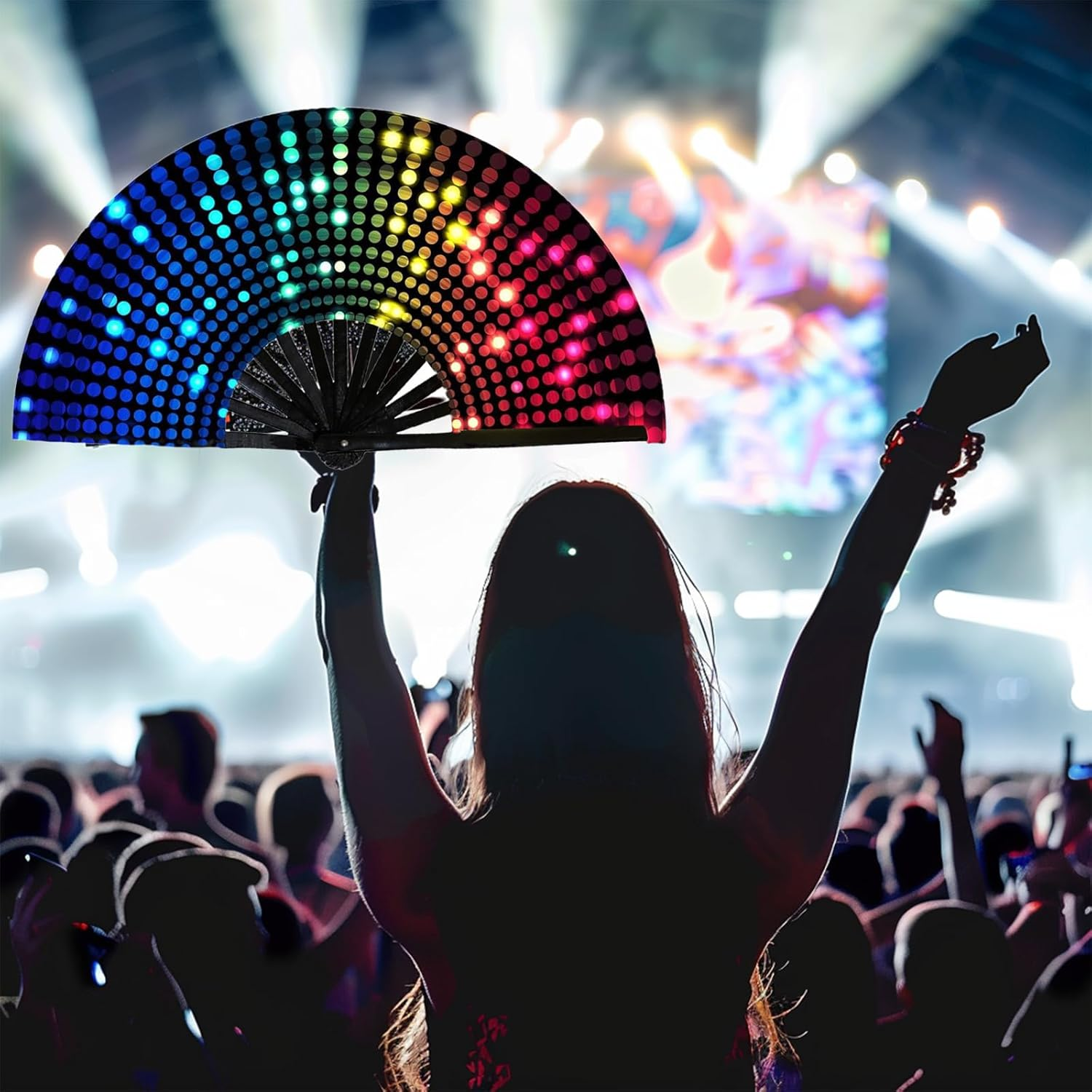 13&lsquo;&rsquo; UV Glow Large Rave Fan for Men Women, Decorative Folding Hand Fan for Party, Home Decoration, Gift, Music Festival Essential, EDM Rave Accessories (Lightspot) image number 6