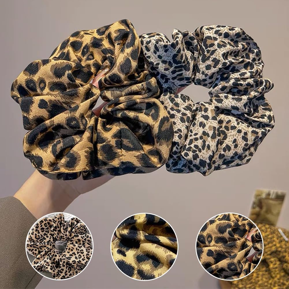 Pack of 4 Women'S Leopard Print Scrunchies Hair Scrunchies Extra Large Hair Bobbles for Thick Hair, Dark Light Leopard Print, Soft Loops for Everyday, Office, Party image number 5