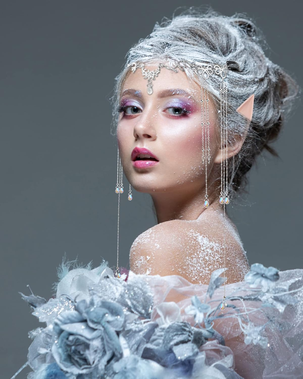 Elf Ears with Headpiece Set-2 Pairs Short and Long Latex Ears and Tassel Headpiece Fairy Chain Kit Fairy Hair Accessories Cosplay Props for Halloween Masquerade, Silver, Medium image number 5