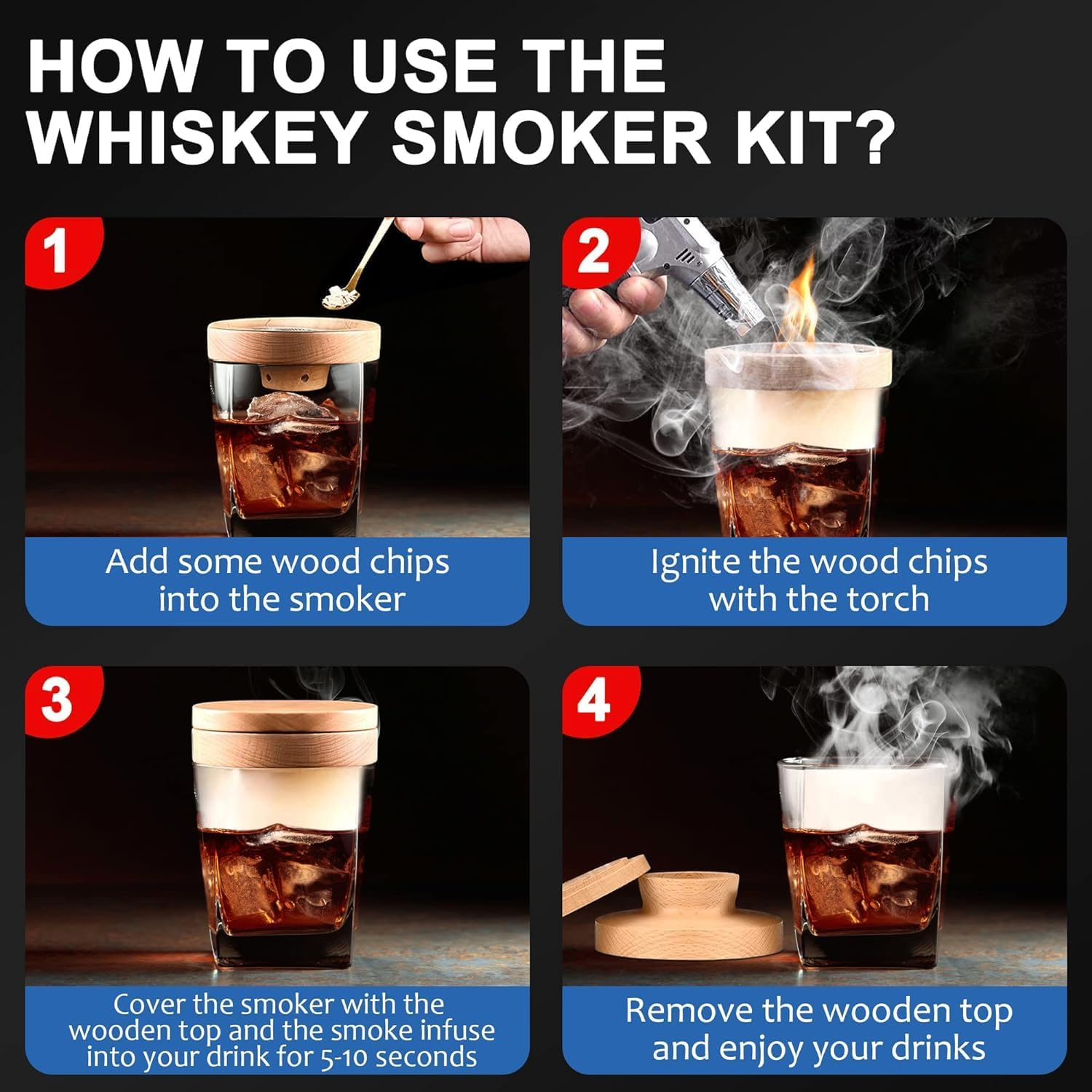 NOAEOU Father'S Day Cocktail Smoker Kit with Torch，Whiskey Smoker Kit with Ice Wine Stone,Bourbon Smoker Kit with Four Flavors Wood Smoked Chips，Fashioned Smokers Kits (Without Butane) image number 5