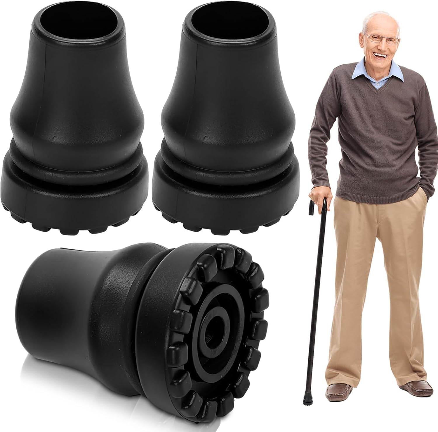 Cane Tips, 3 Pcs Non Slip All Terrain Crutch Tips, 3/4 Inch Rubber Replacement Cane Tips for Canes, Walking Sticks, Hiking Stick, Seniors Crutches (3 Pcs,Black) image number 5