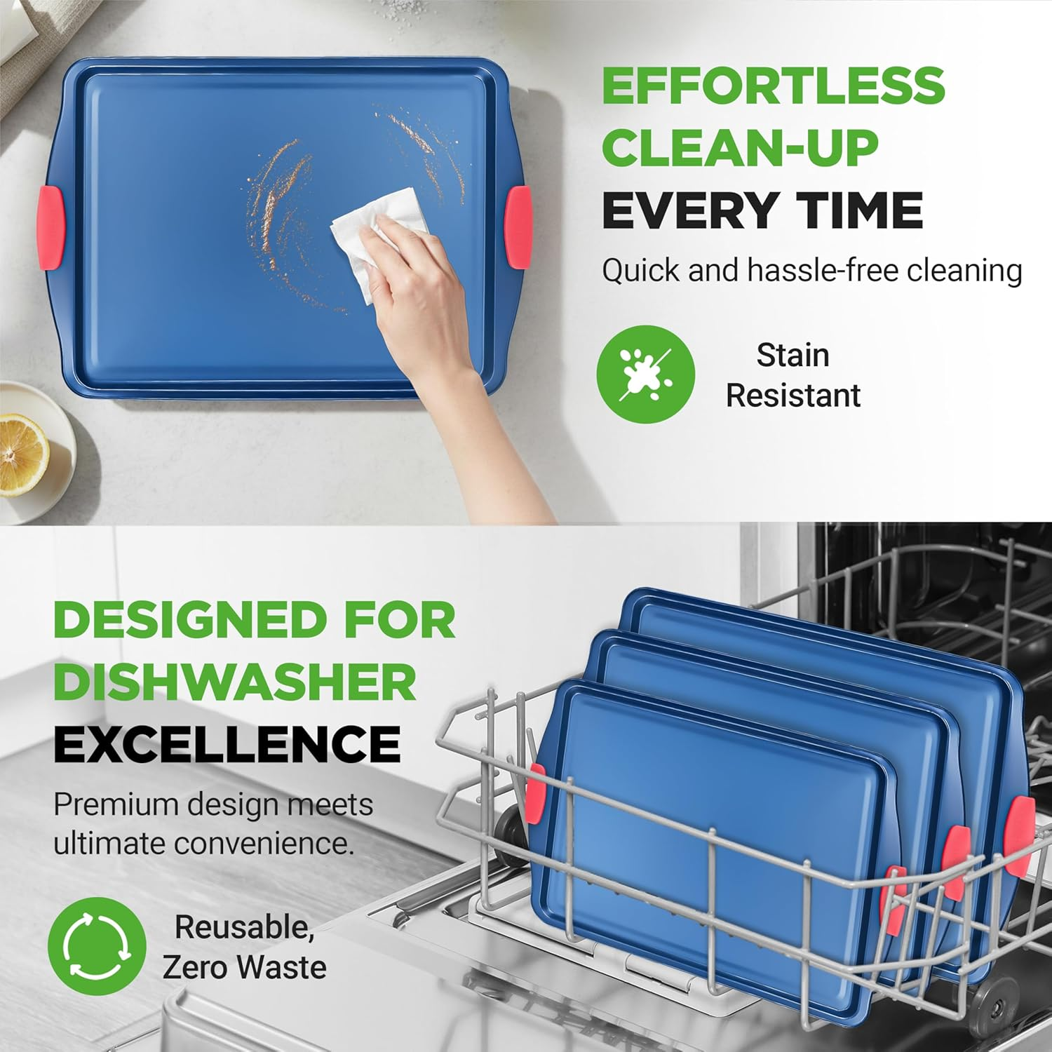 Nutrichef 3-Piece Nonstick Bakeware Set - PFOA, PFOS, Ptfe-Free Carbon Steel Baking Trays W/Heatsafe Red Silicone Handles, Oven Safe up to 450&deg;F, Small, Medium & Large Cookie Sheet Pans image number 6