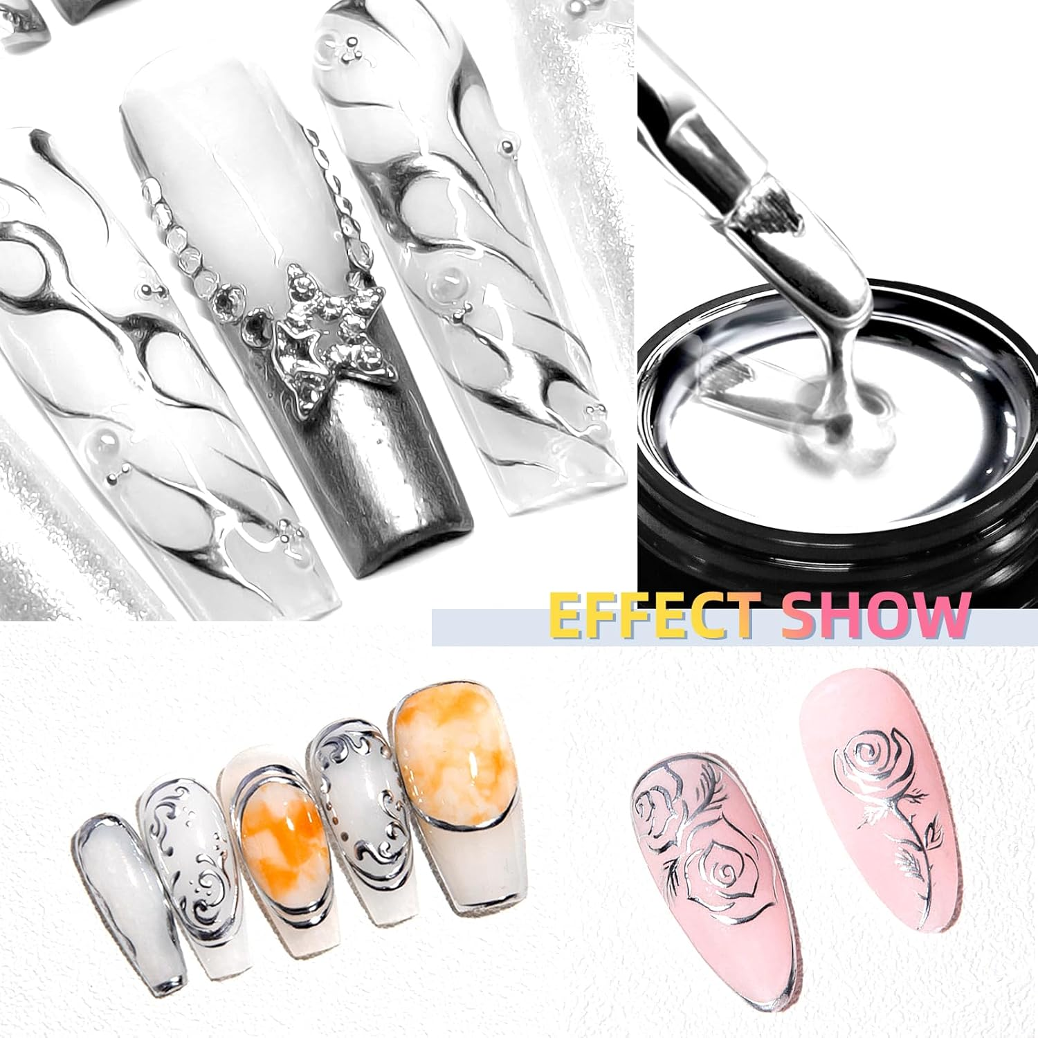 U-Shinein 8Ml Metallic Painting Gel, Silver Painted Nail Polish, 3D Metal Painting Drawing Mirror Nail Gel Polish Glossy (Ultra Mirror Silver) image number 2