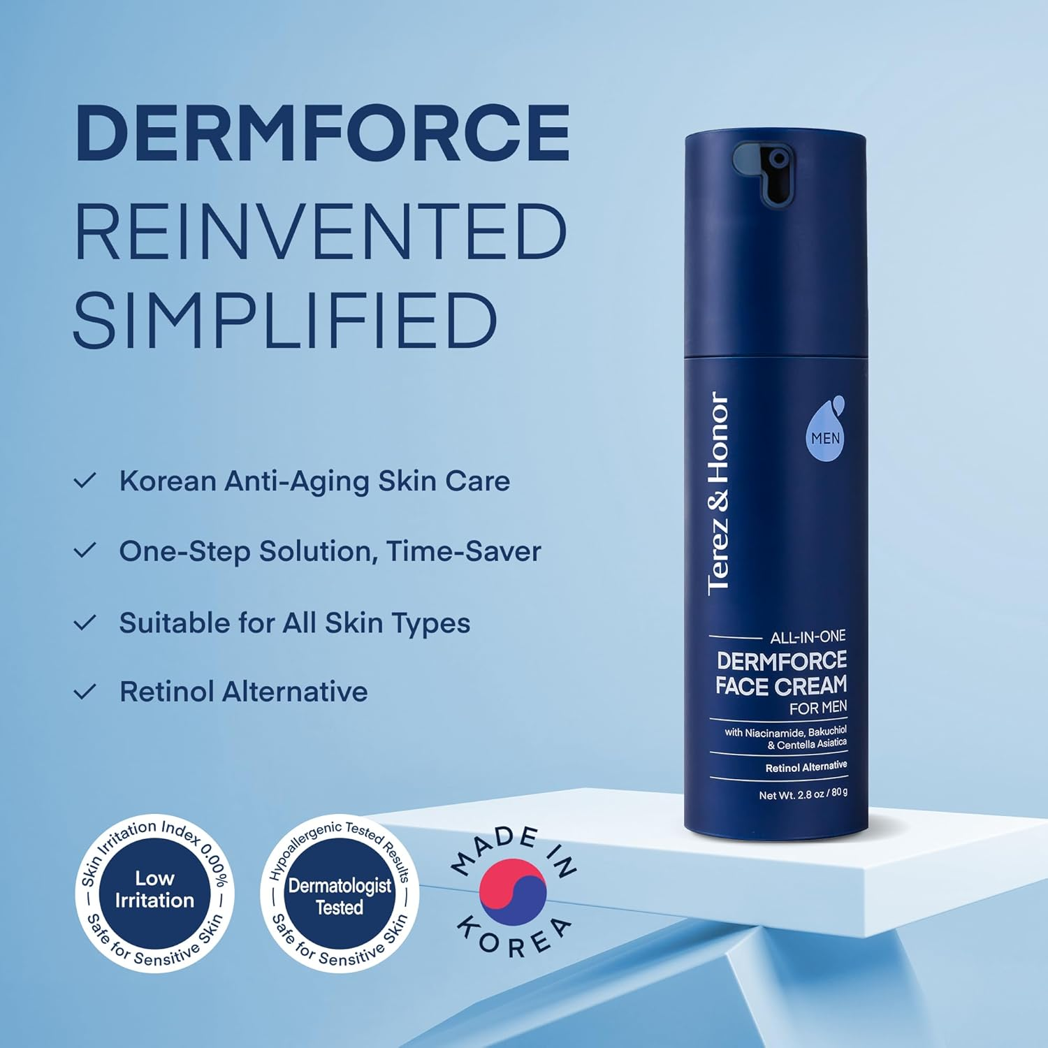 Terez & Honor 6-In-1 Face Cream for Men: Korean Dermforce Anti-Aging Moisturizer with Niacinamide, Bakuchiol & 5-CICA &ndash; Hydrates, Smooths & Helps Reduce Wrinkles, Dark Circles & Eye Bags &ndash; 2.8 Oz image number 4