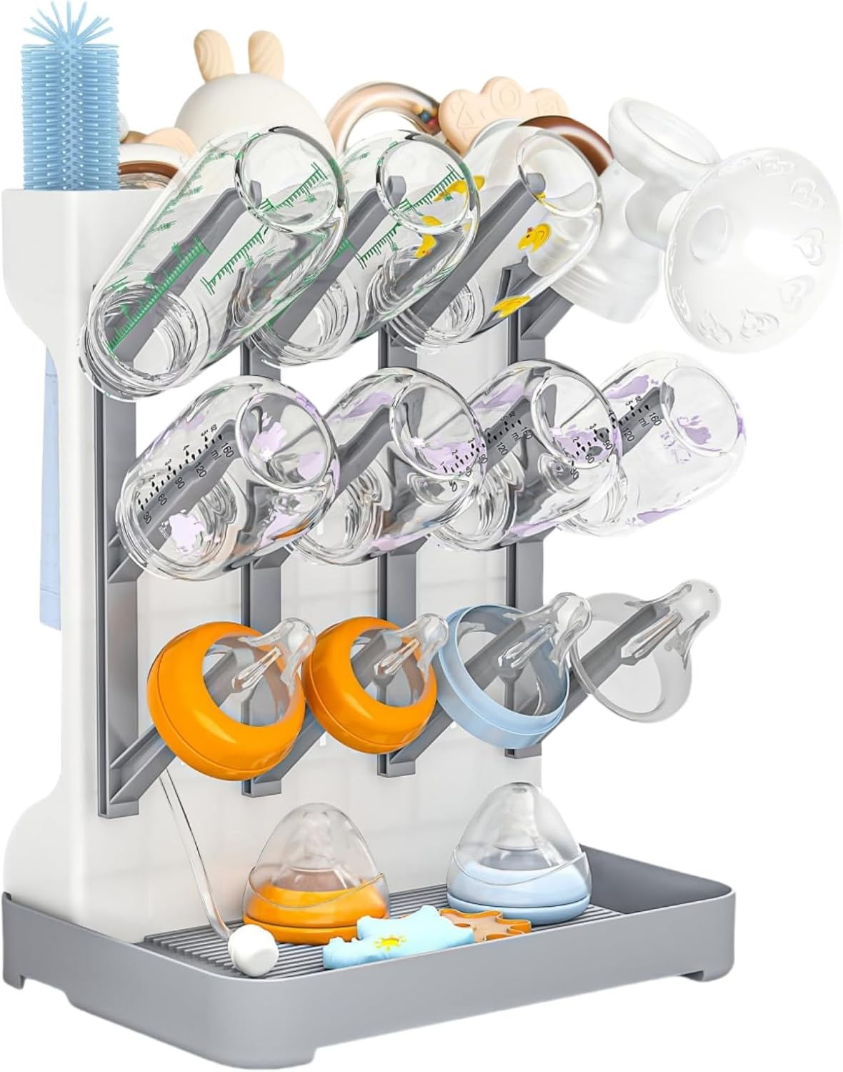 Baby Bottle Drying Rack, Space Saving Vertical Bottle Dryer Holder - Baby Accessories Storage Stand Organizer for Brushes Bottles Pump Part Pacifiers on Countertop Bpa-Free - Grey image number 3