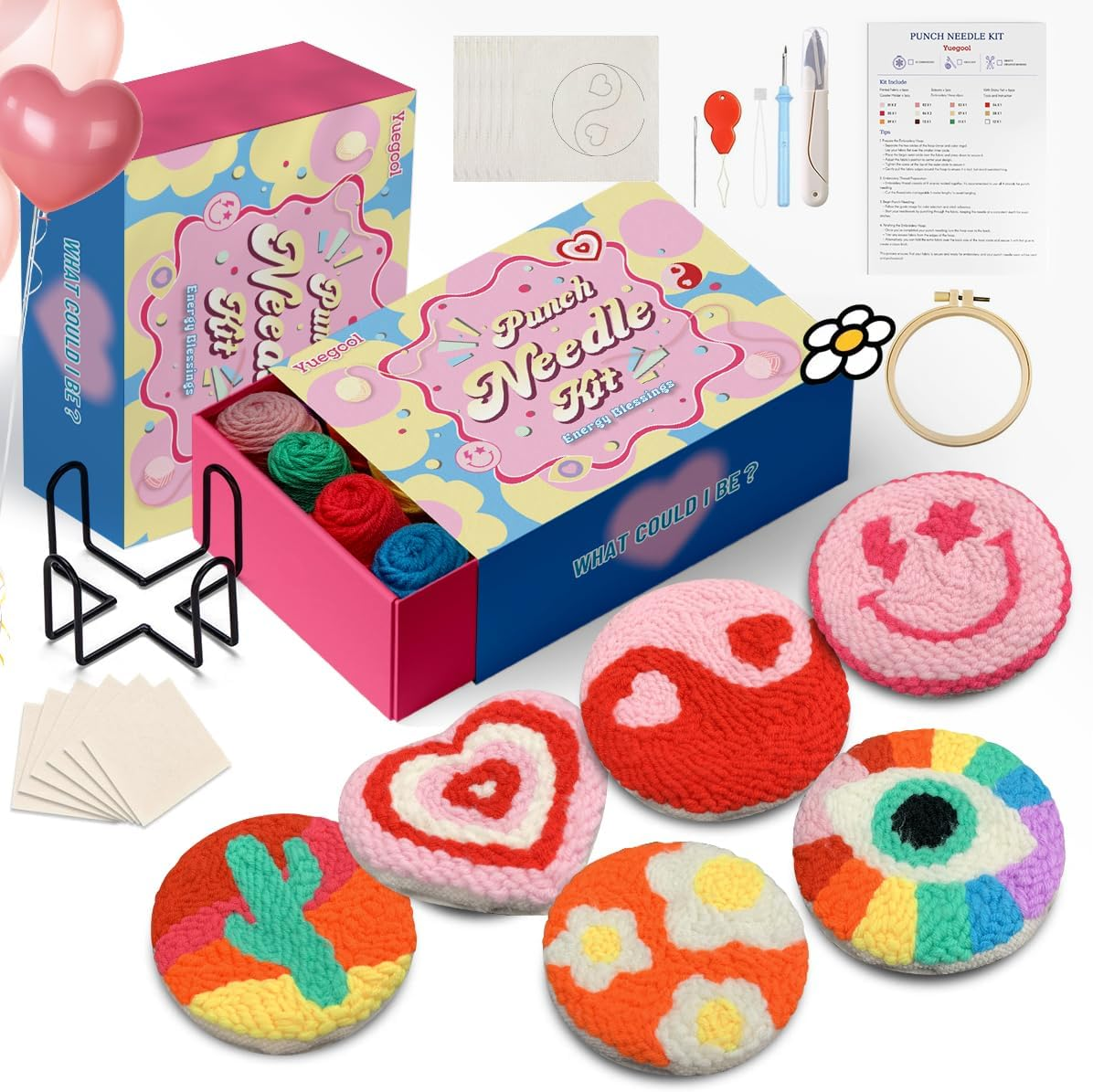 Yuegool 6PCS Punch Needle Coasters Kit,Easy DIY Punch Needle Embroidery Kit for Beginners Adults Kids Including Energy Blessings Patterns, Tools, Yarns, Hoop, Instruction, Coaster Holder image number 2