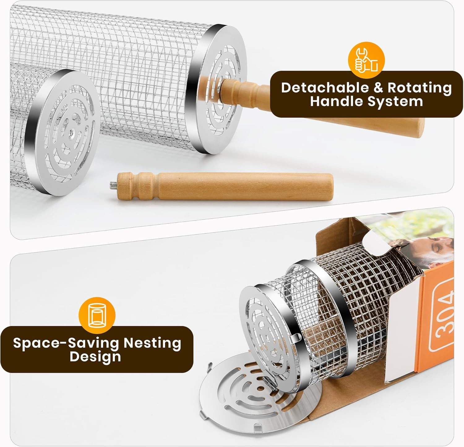 2PCS Rolling Grill Baskets with Removable Wooden Handle, 304 Stainless Steel, Nesting Grilling Net, BBQ Accessories Tools for Vegetables Shrimp, Outdoor Grilling Cookware image number 4