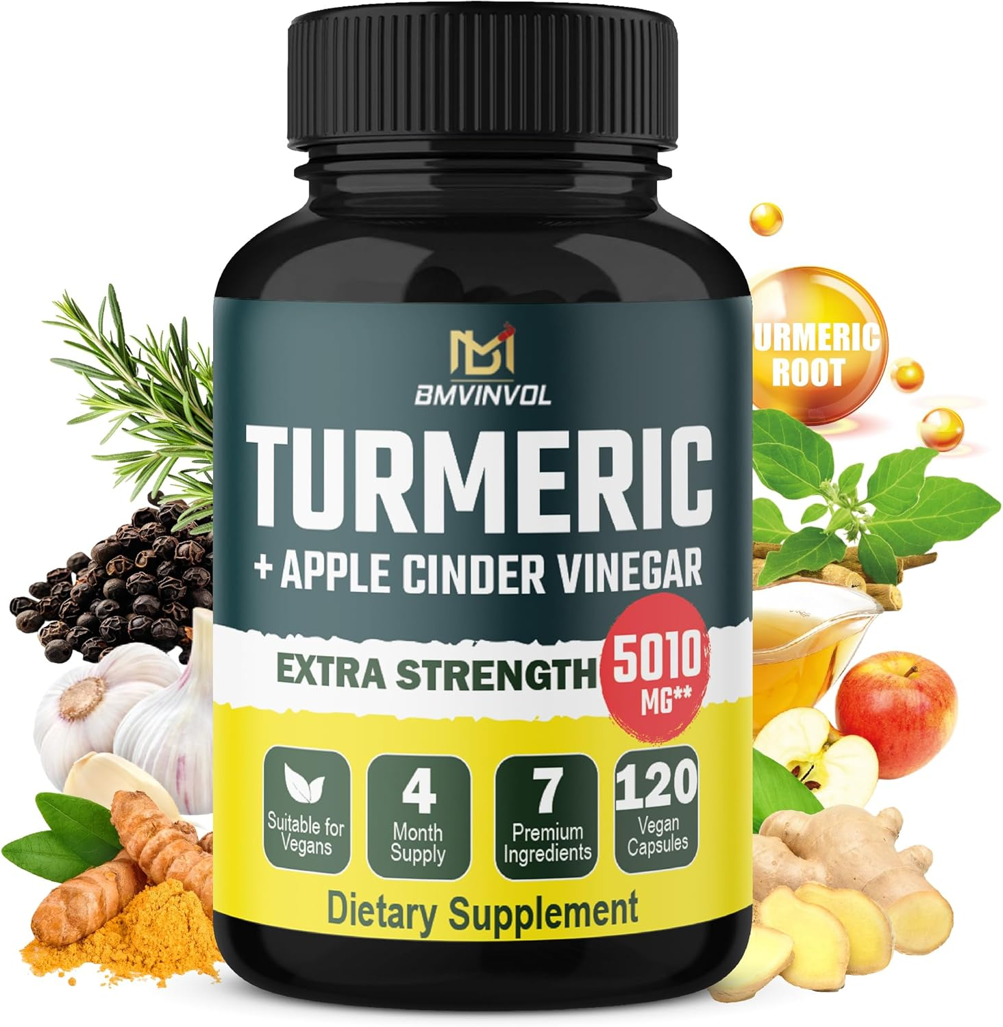 Turmeric Curcumin + Apple Cinder Vinegar  Capsules,    with Ashwagandha, Ginger, Garlic Bulb, 95% Standardized Curcuminoids image number 6