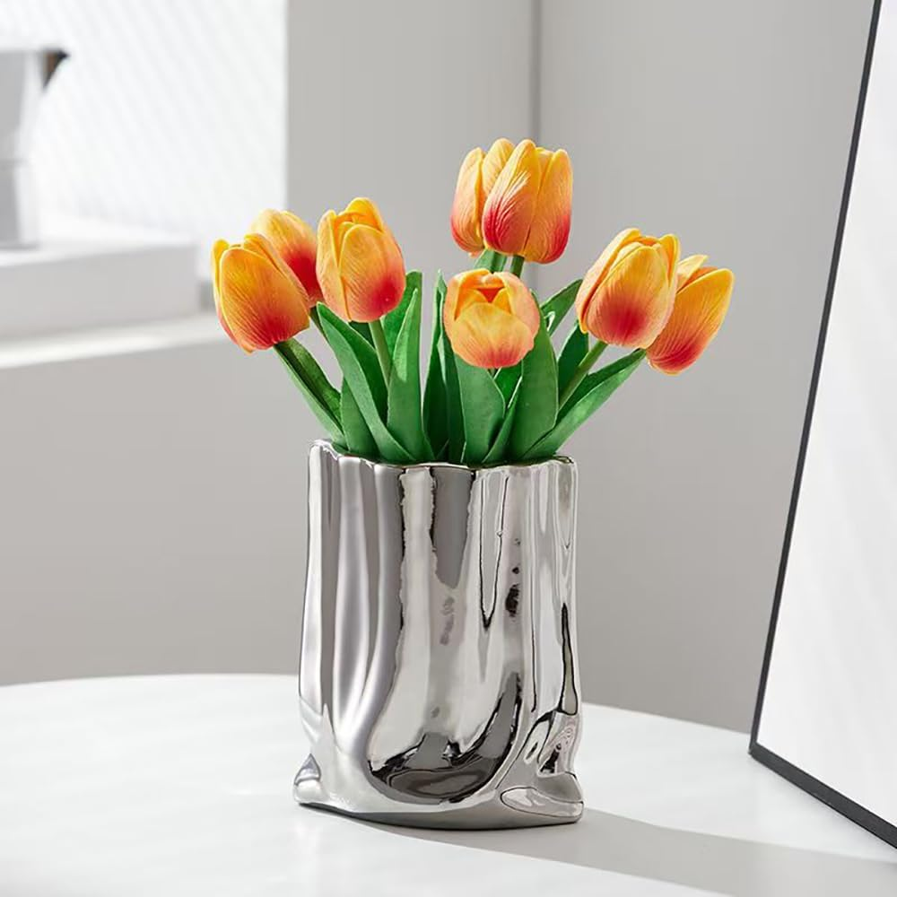 Hbluefat Fake Flowers with Vase, Silk Tulip Artificial Flowers in Flat Ceramics Vase, Small Faux Flower Arrangement for Home Office Decoration, Dining Table Centerpiece (Sunset Red,Silver) - Champagne,Gold image number 7