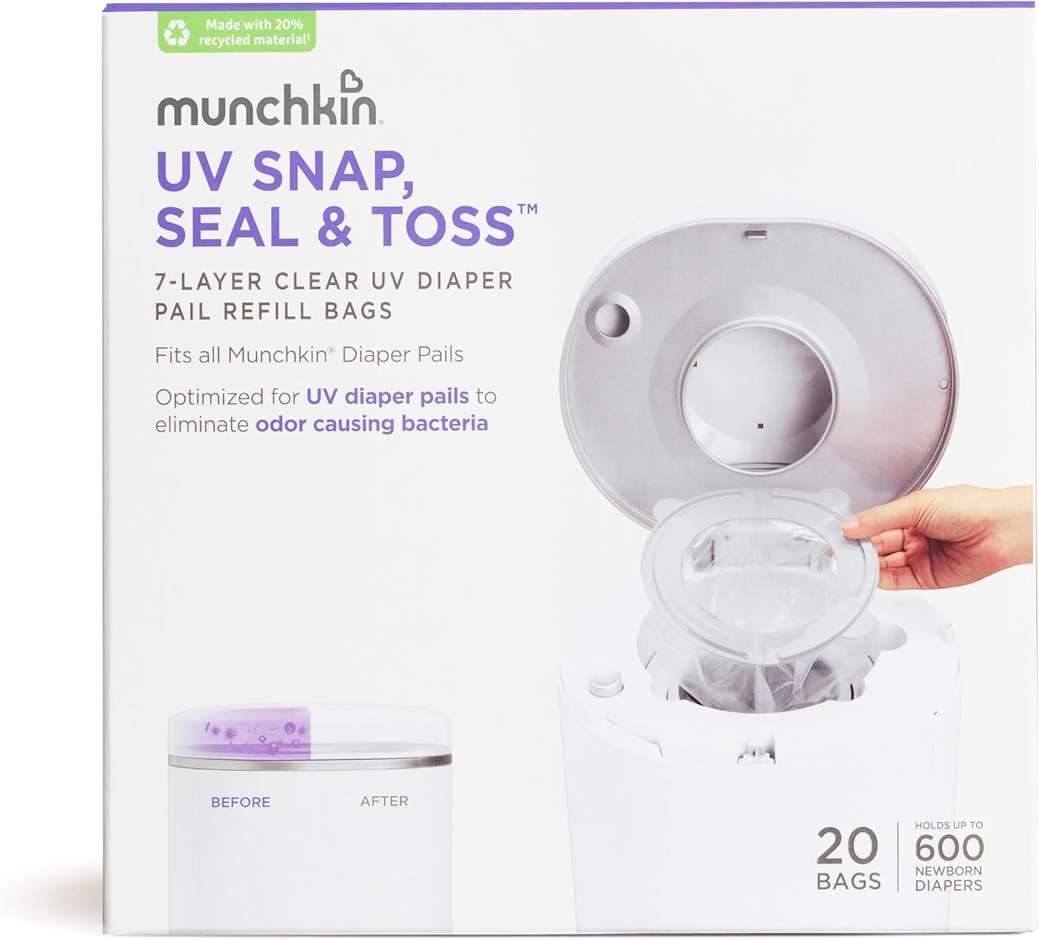 Munchkin&reg; UV Snap, Seal & Toss Diaper Pail Refill Bags, Holds 600 Diapers, 20 Count image number 2