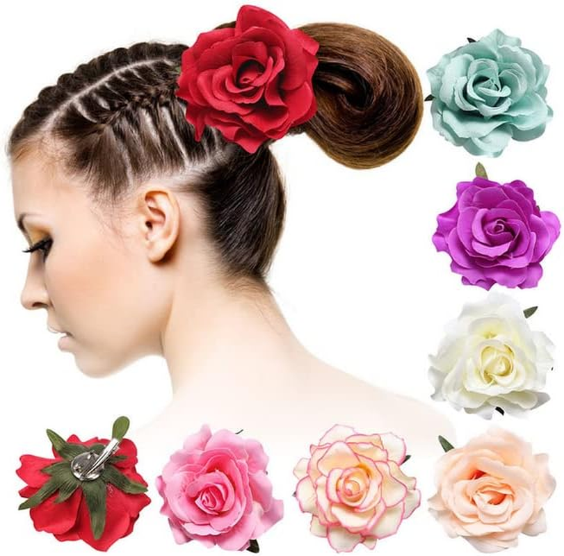 Ericotry Pack of 6 Rose Flower Hair Clips Hair Pin Elegant Large Rose Flowers Brooch Flamenco Dancer Flower Pin up Brooch Bridal Headpiece Hair Accessories for Women Girls