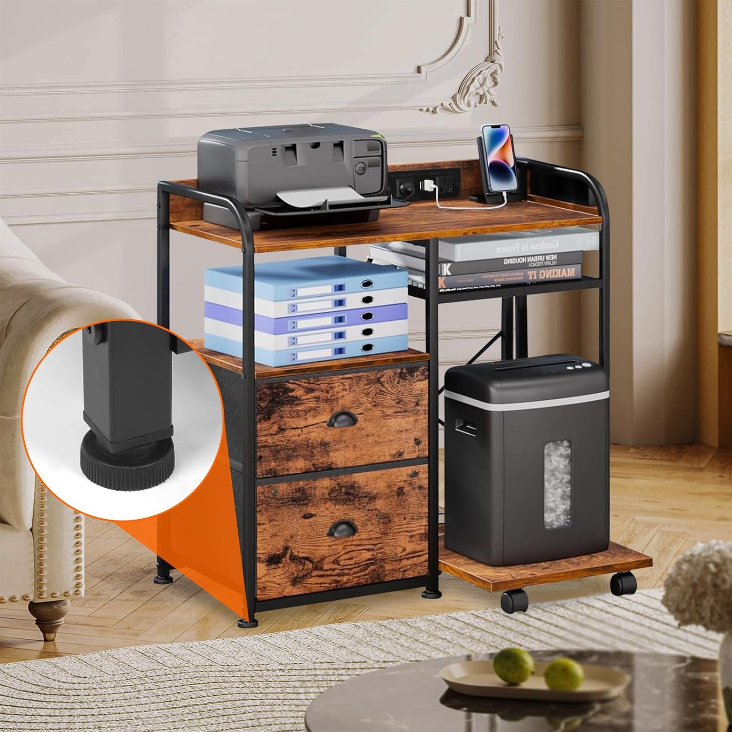 Kisfam Printer Stand with Filing Cabinet, USB Charging Station, 4 Open Shelves, Adjustable Height & Mobile Casters for Office/Home Use image number 3