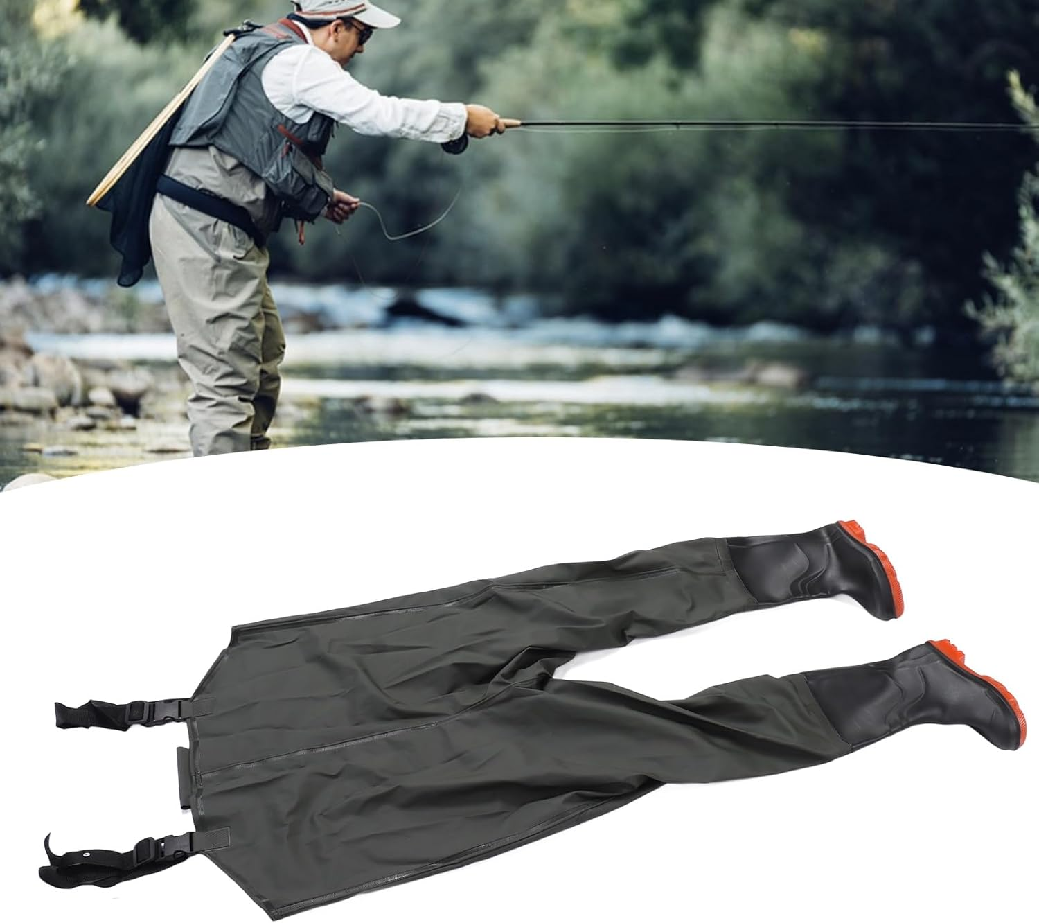 Wader Fishing Wading Pants, Waterproof Men Hip Wader with Bootfoot Wading Belt, PVC Flexible Bootfoot Chest Wader for Fishing Camping (Green)
