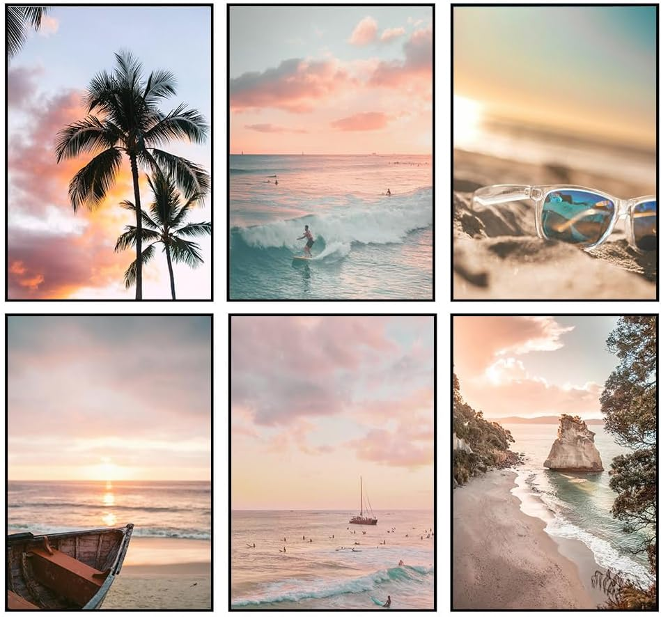 Blue Coastal Beach Wall Art Poster Summer Surf Gallery Canvas Wall, Coastal Cowgirl Aesthetic Room Decor Surf up Prints, Beachy Coastal Wall Art Life Poster Preppy Beach Print Artwork Painting (Poster