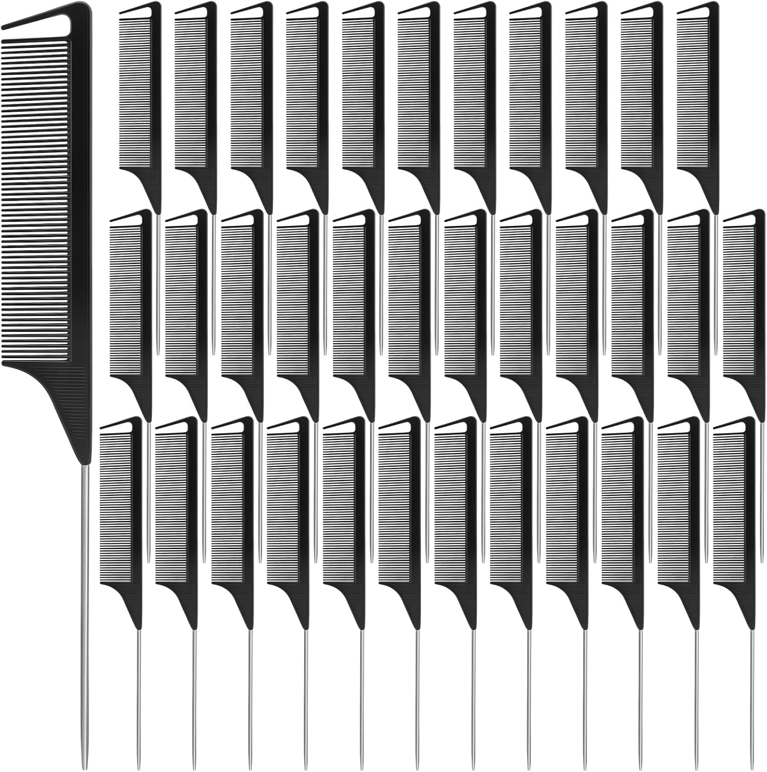 NICEMOVIC 36 Pcs Parting Comb, Rat Tail Combs for Women Girls, Rattail Comb with Stainless Steel Pintail, anti Static and Heat Resistant Teasing Combs for Braiding Hair Styling (Black) image number 1