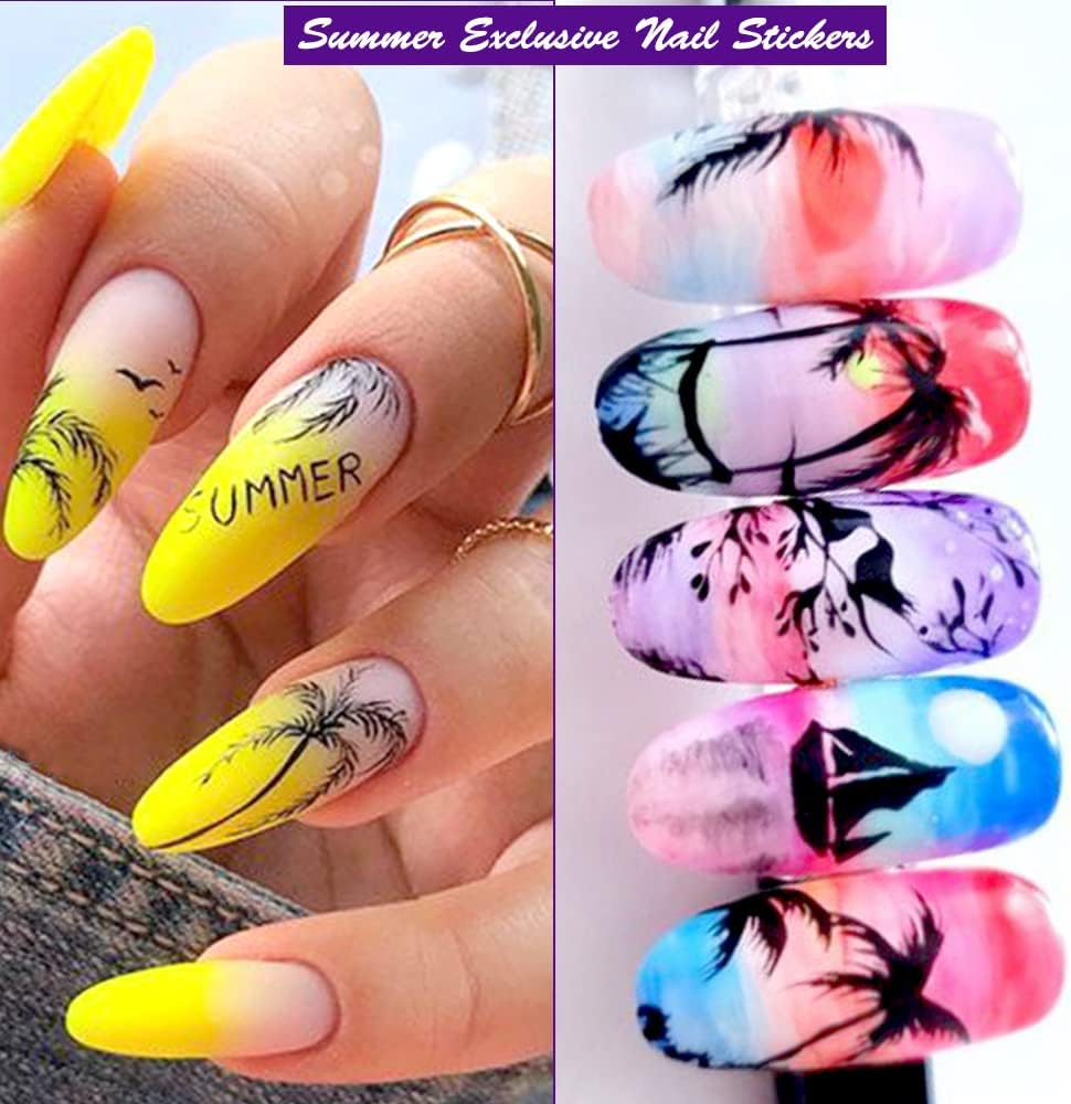 Summer Nail Stickers Coconut Palm Tree Nail Art Tropical Water Transfer Nail Decals 12 Sheets Beach Ocean 3D DIY Manicure Design Decor for Women Girl image number 1