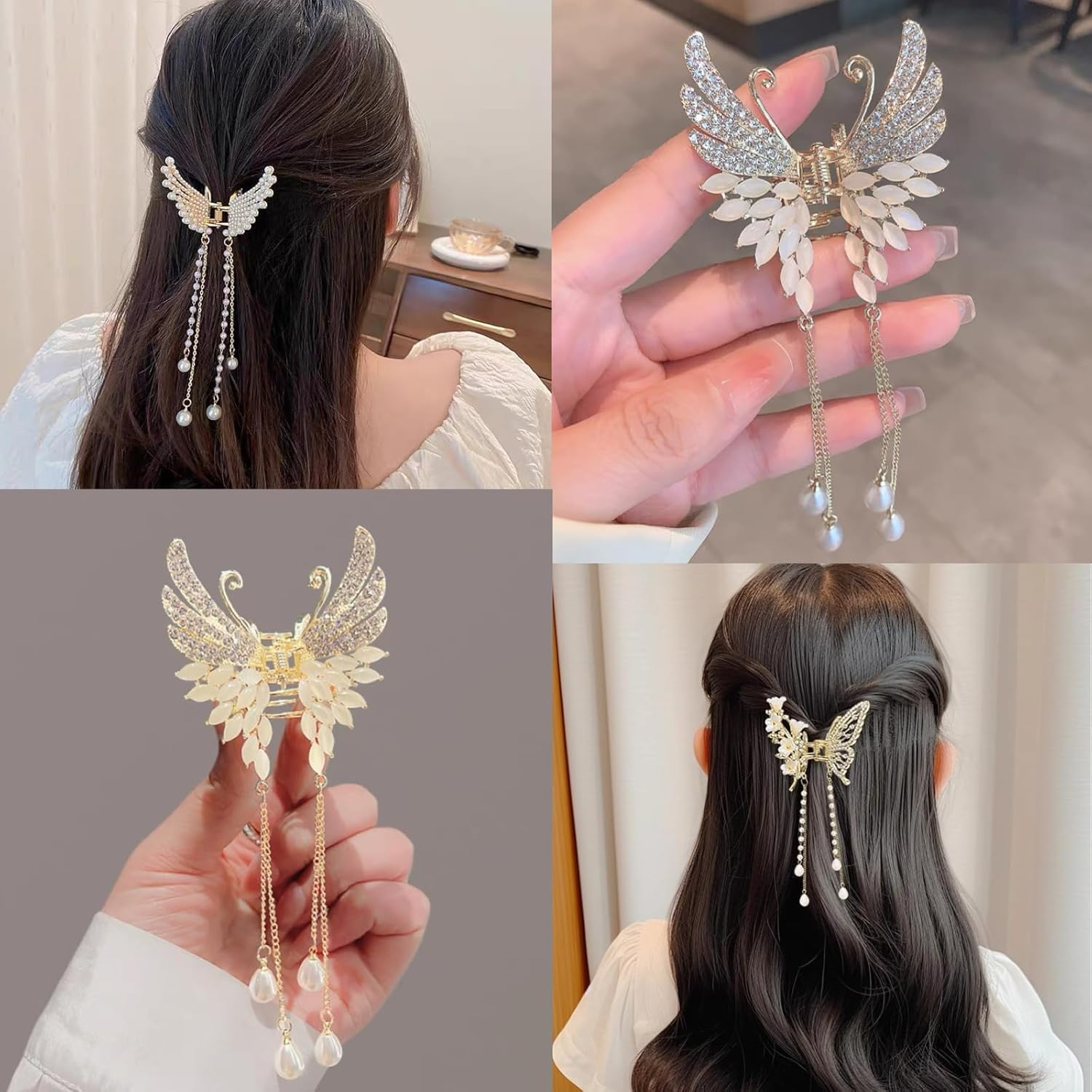 Ypkia Butterfly Hair Clip Small Gold Metal with Fringe Hair Clips Women'S Pearls Rhinestone Elegant Hair Accessory for Women and Girls (Pack of 3) image number 1