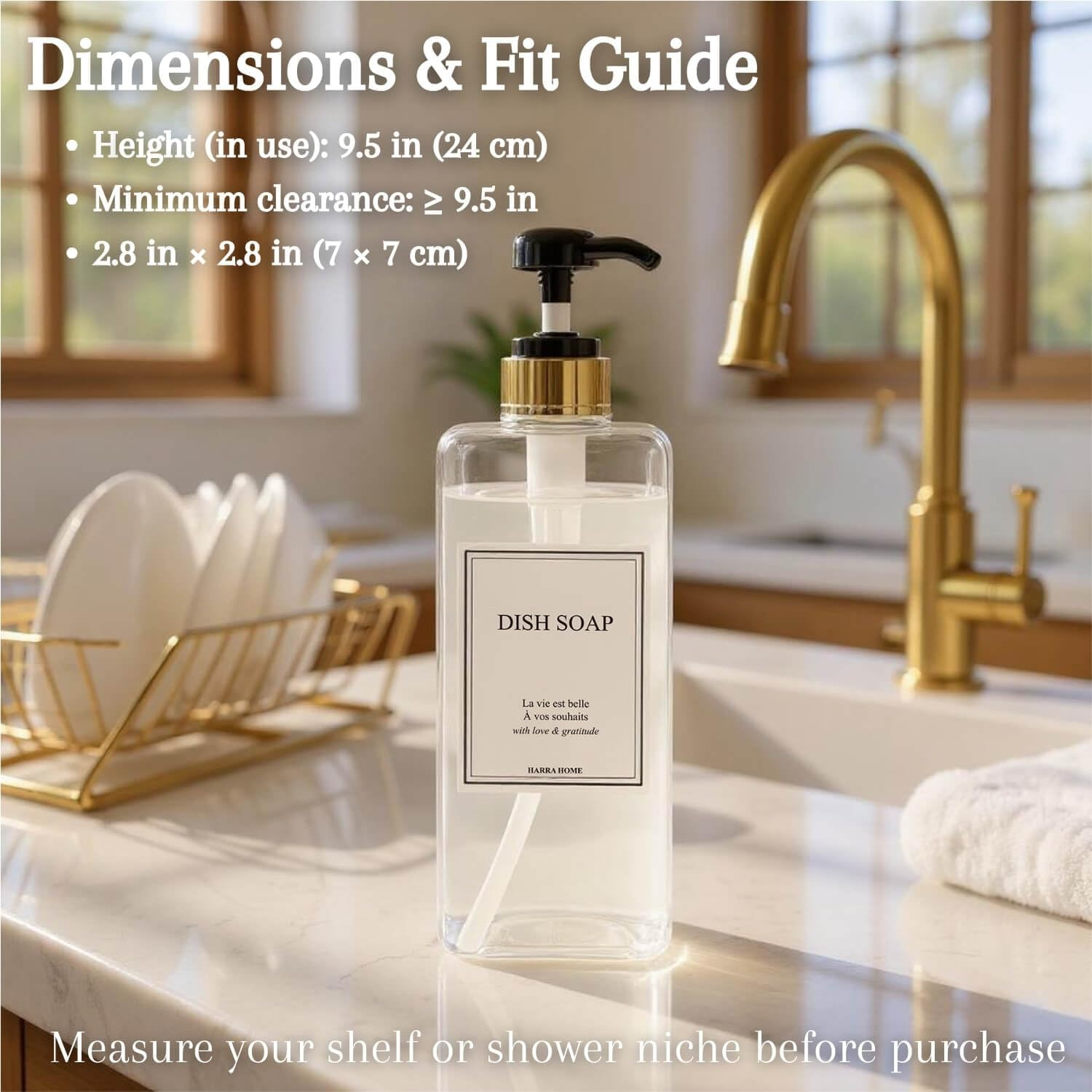 Modern Gold Design Shampoo and Conditioner Dispenser, Large 27Oz Shower Soap Dispenser, Set of 3 Refillable Empty Plastic Pump Bottles for Bathroom (6 Waterproof Labels Included), (Clear & Black) - Clear  Black image number 5