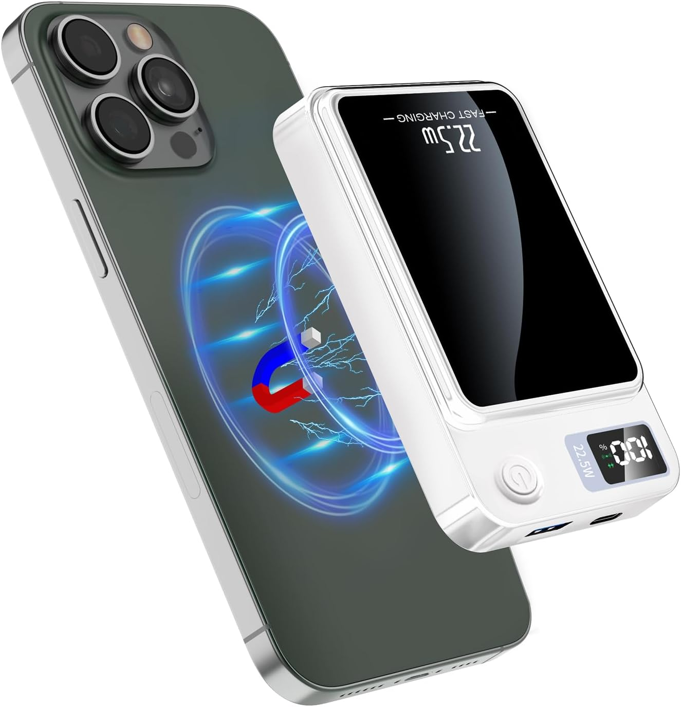 Wireless Portable Charger, Mini Magnetic 10000Mah Power Bank 15W Fast Wireless Charging 22.5W USB PD QC3.0 Type-C LED Display Battery Pack Compatible for Iphone 14/15/13/12 Series (White) image number 6