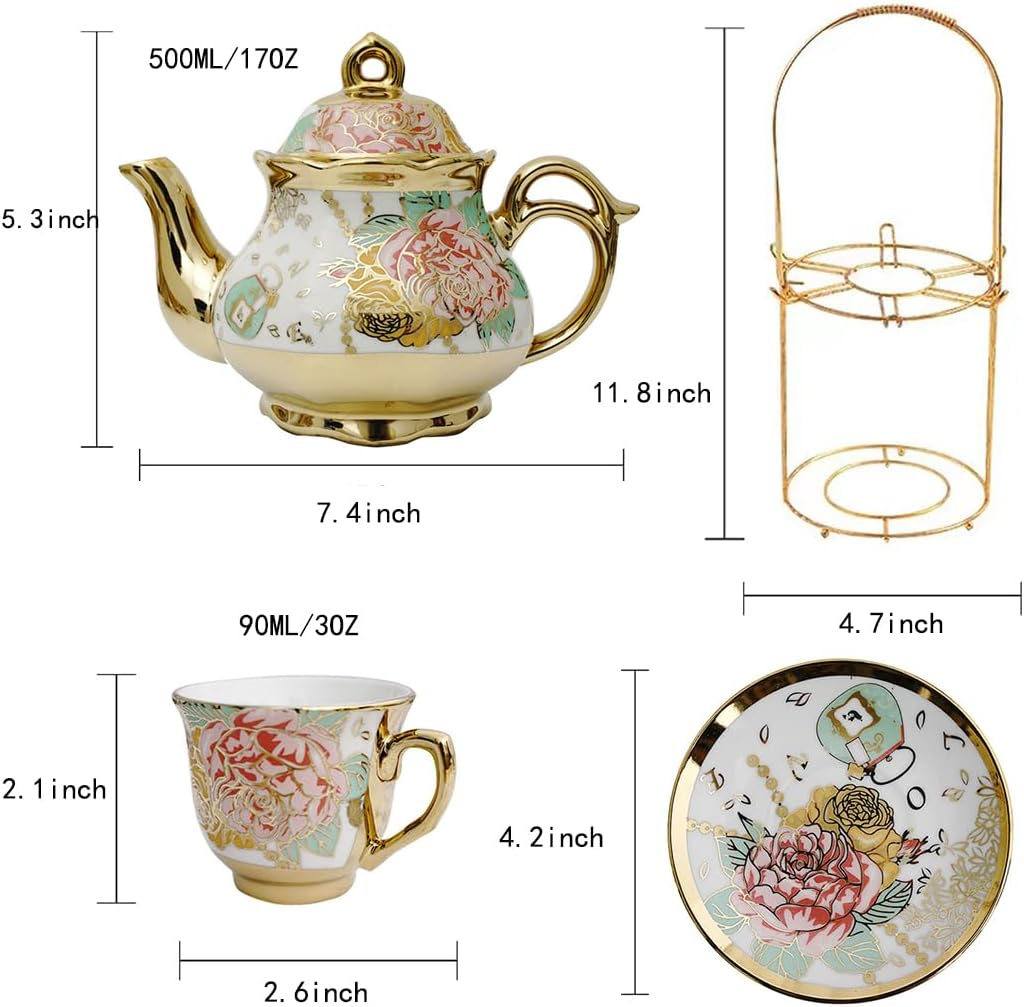 CHANJOON Gold Plated Red Rose Ceramic Tea Set, Vintage Tea Set with Teapot, Beautiful Tea Set Coffee Serving 6 People (Gilded Rose) image number 4